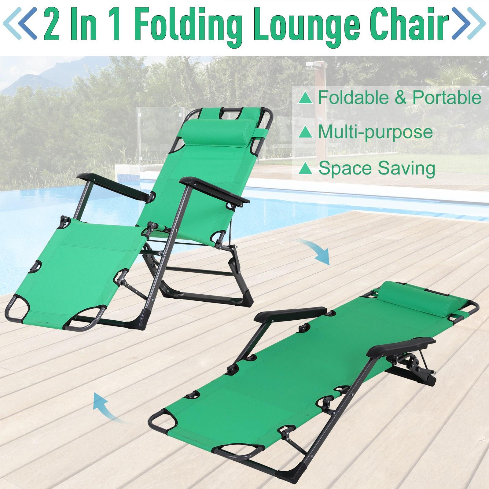 Outsunny Tanning Chair, 2-in-1 Beach Lounge Chair & Camping Chair w/ Pillow & Pocket, Adjustable Chaise for Sunbathing Outside, Patio, Poolside, Green