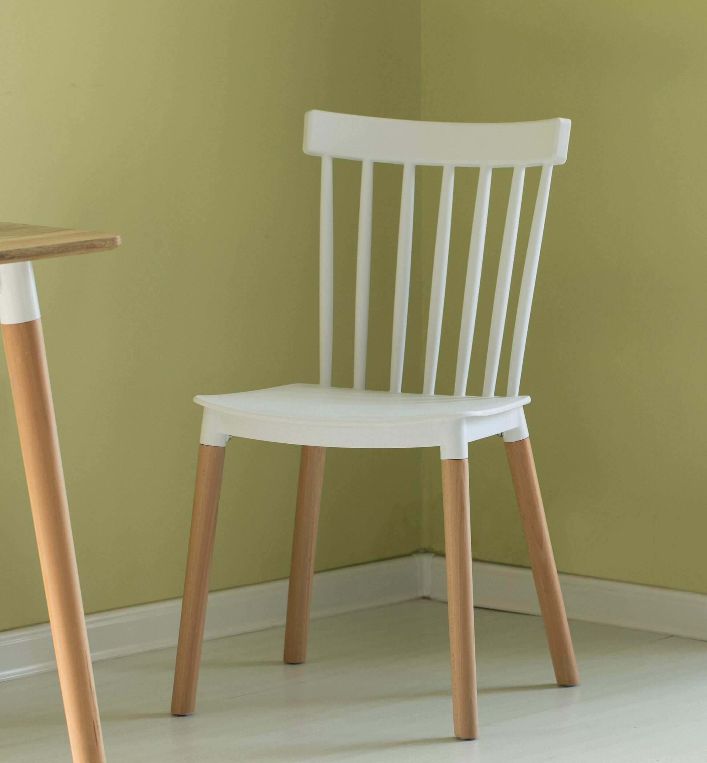 Modern Plastic Dining Chair Windsor Design with Beech Wood Legs, White Set of 4