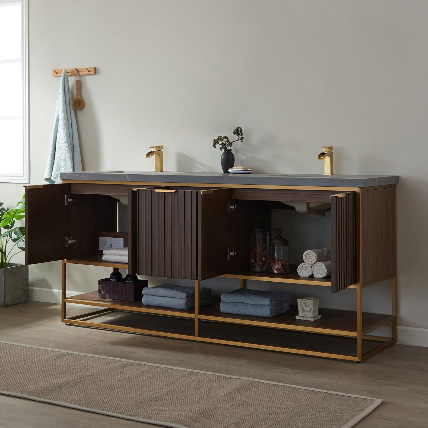 Vinnova Donostia 72" Gray Stone Top Double Vanity in Walnut No Mirror