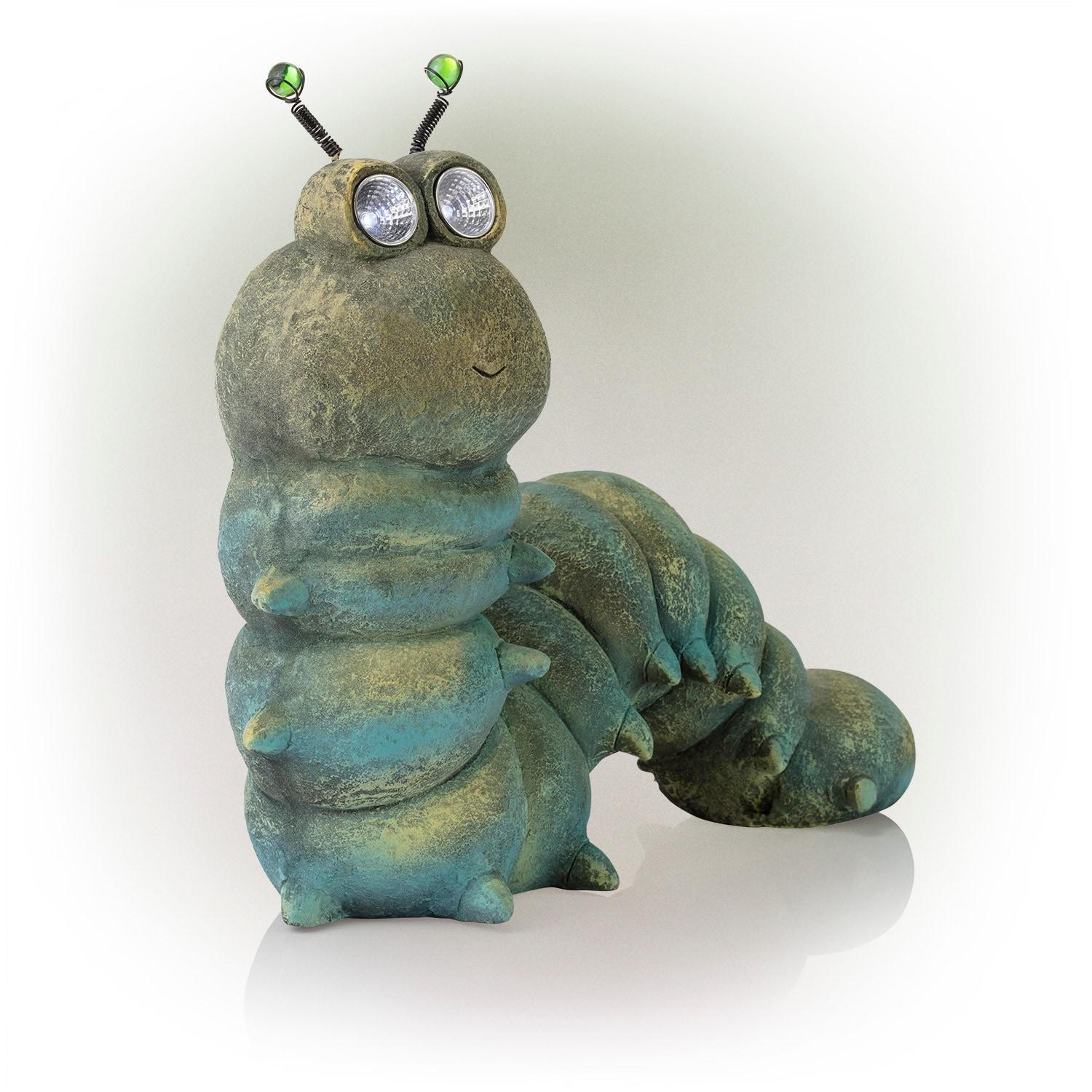 16-inch Green Solar-Powered Caterpillar Garden Statue with LED Eyes