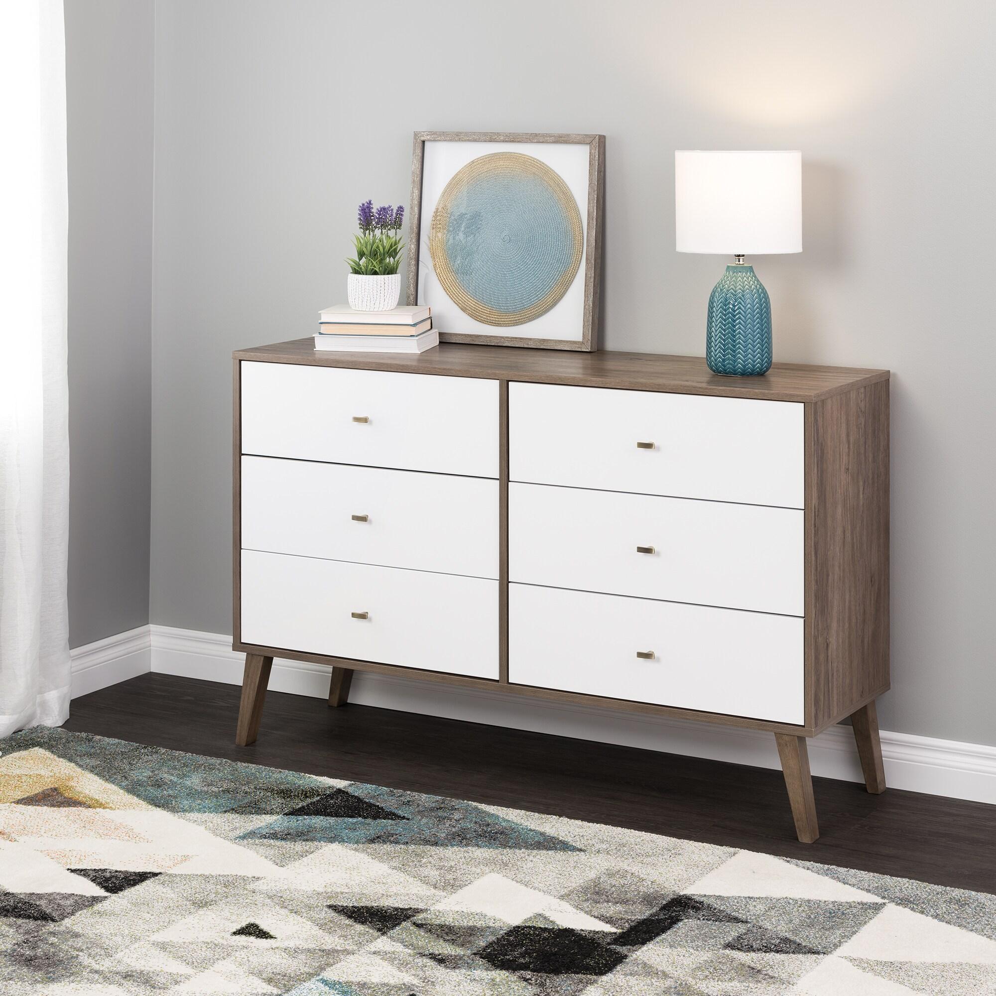 Milo Mid-Century Modern 6 Drawers Dresser Drifted Gray/White - Prepac