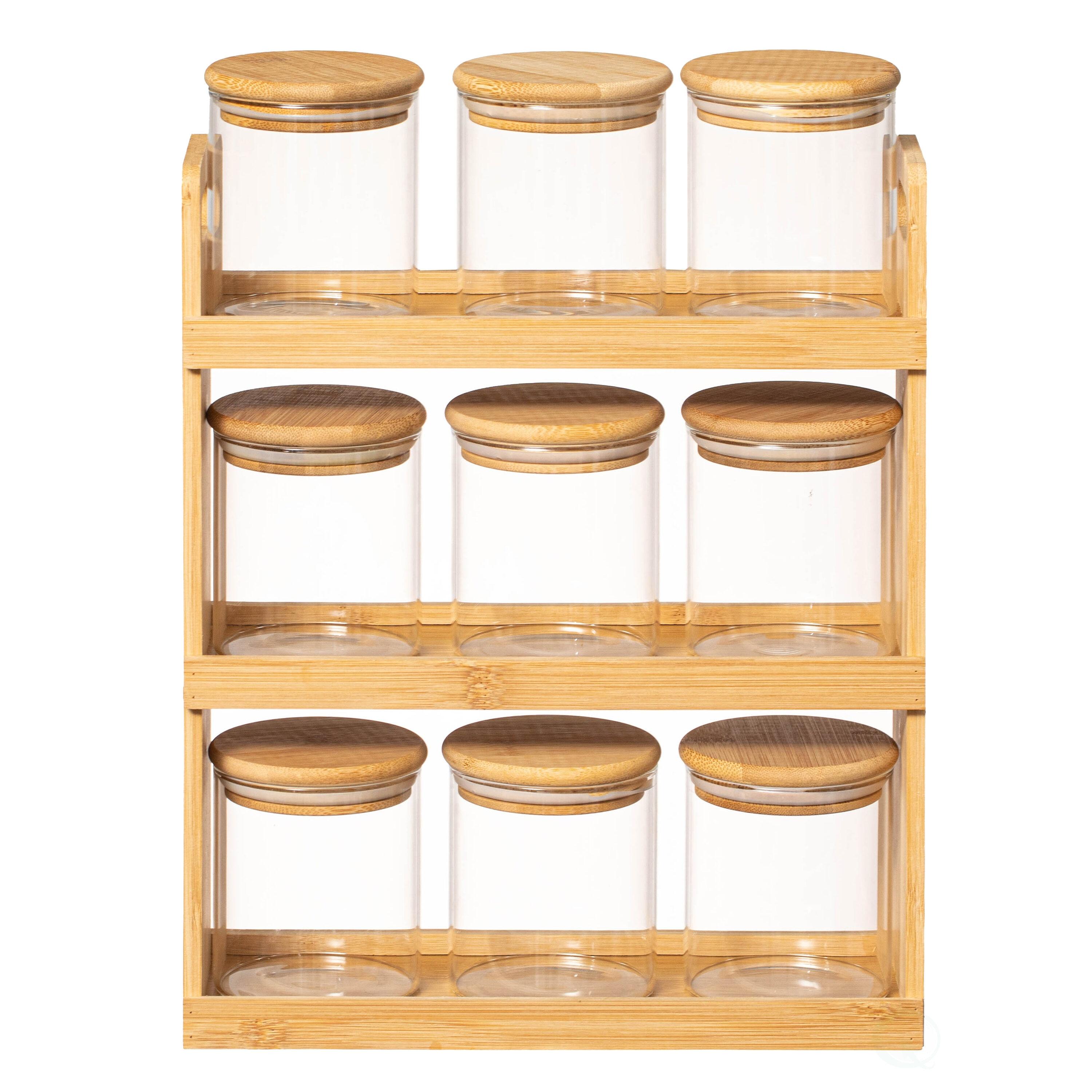 Rebrilliant Rebrilliant Versatile 3-tier Bamboo Spice Rack And Pantry Organizer With 9 Glass Jars – Perfect For Countertop Storage In Kitchens To Keep Seasoning Containers Neatly Displayed And Easily Accessible