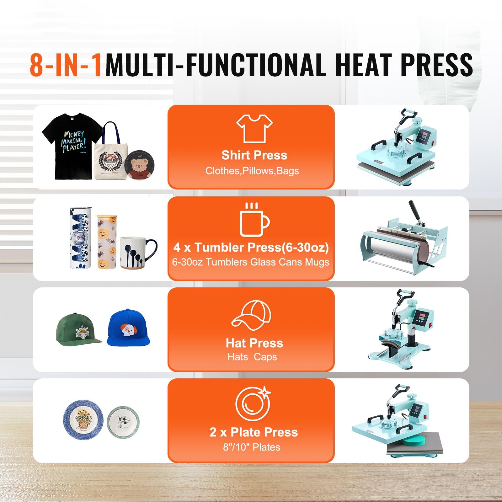 Light Green 8-in-1 Heat Press with Tumbler and Hat Attachments