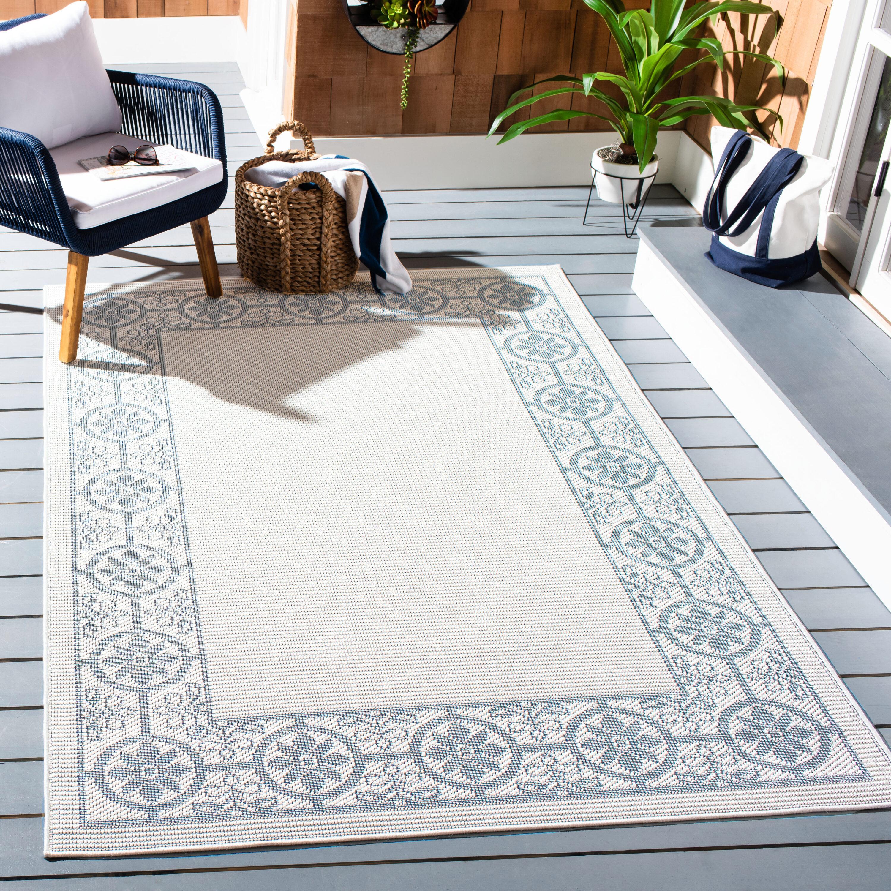 SAFAVIEH Bermuda Zoey Floral Bordered Indoor/Outdoor Area Rug Ivory/Light Blue, 8' x 10'