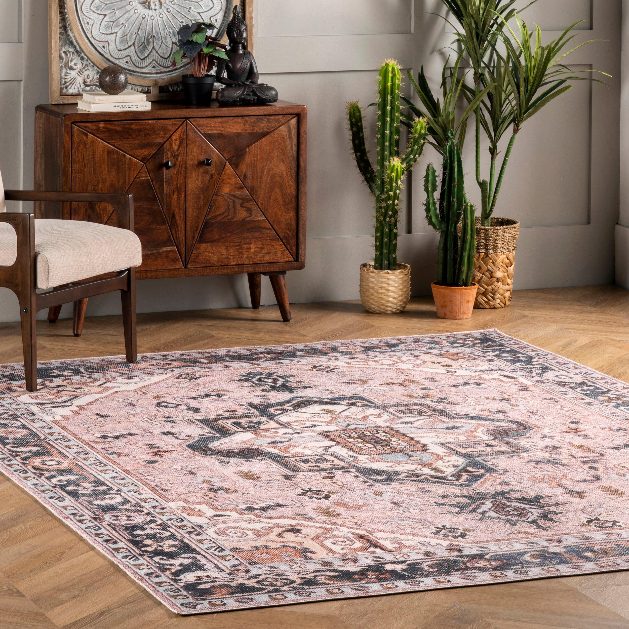 nuLOOM Sasha Machine Washable Medallion Area Rug, 6' Square, Pink