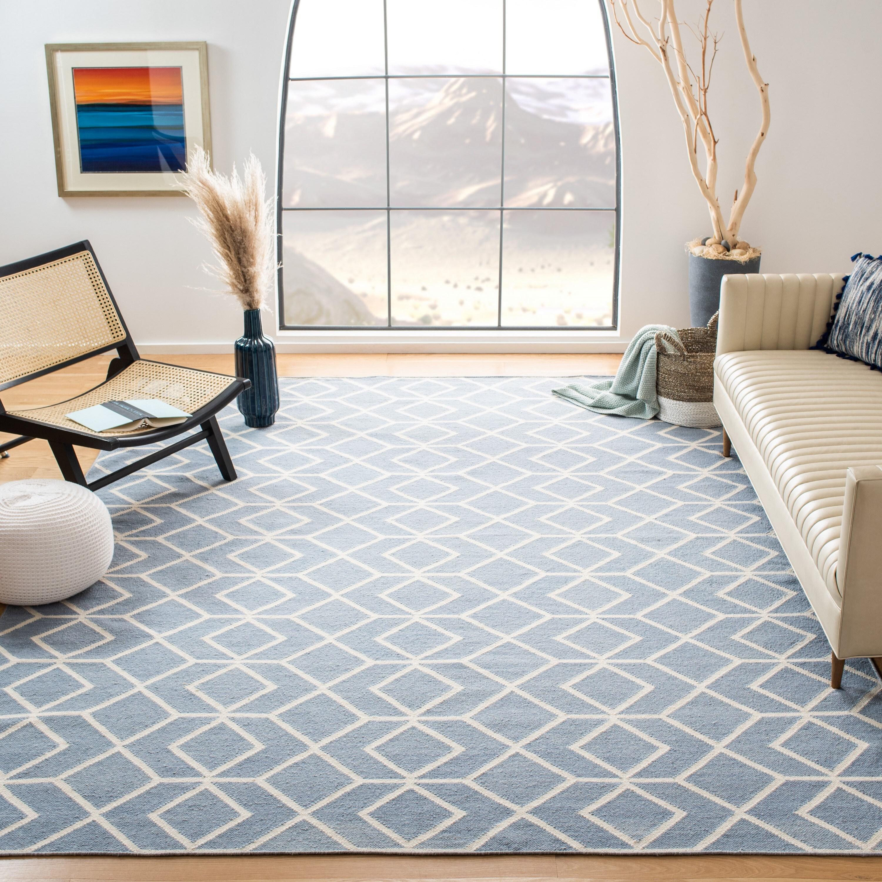 Handmade Blue/Ivory Geometric Wool Rug 8' x 10'