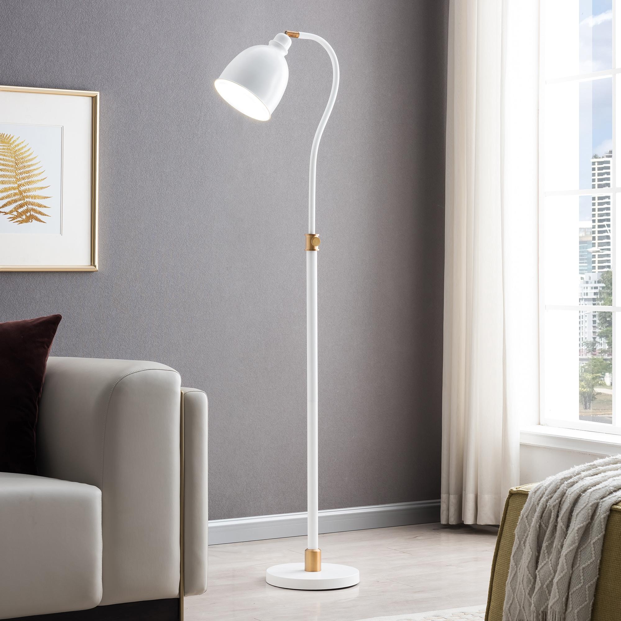 Evelyn&Zoe Vincent Adjustable/Arc Floor Lamp with Metal Shade, Matte White/Brass/Matte White