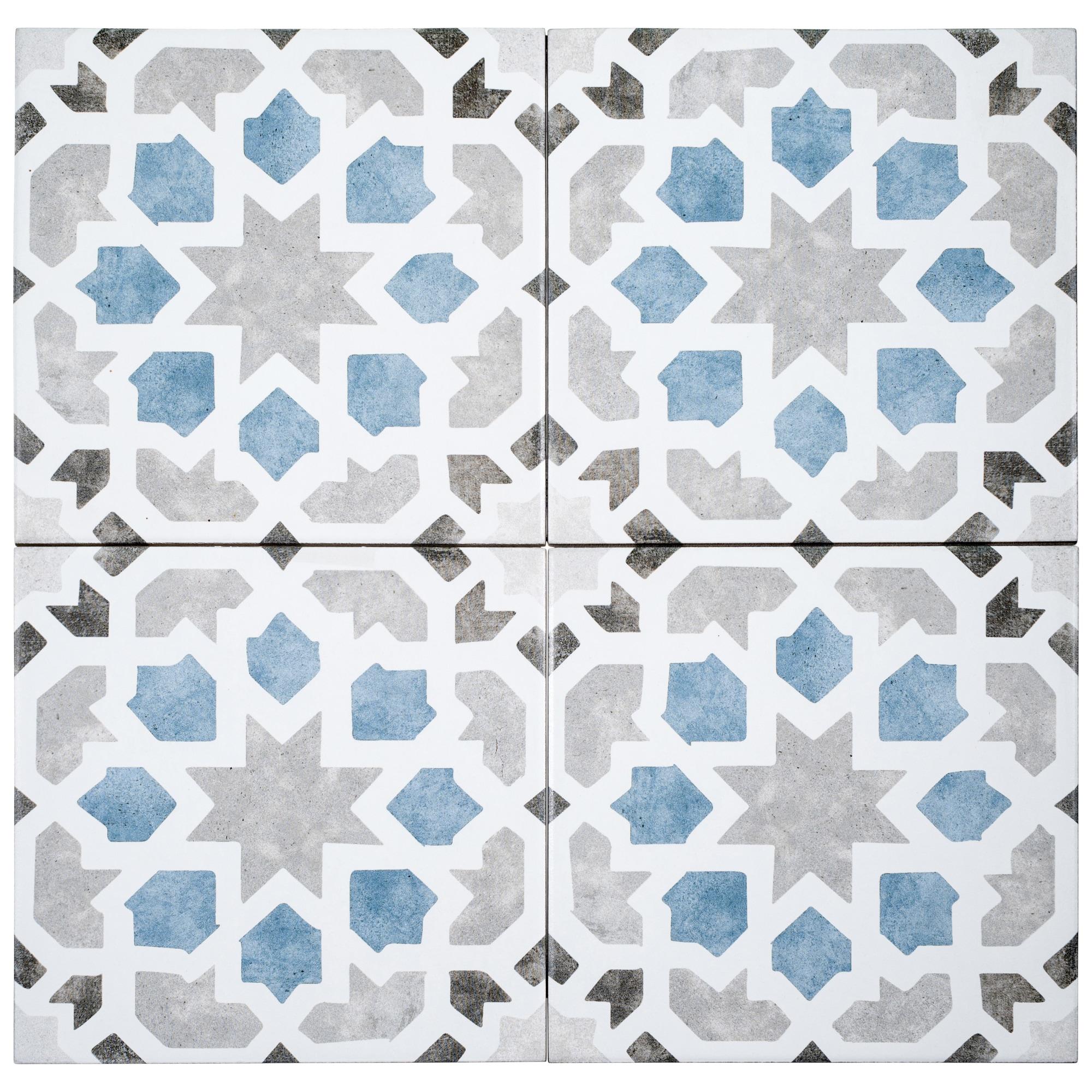 Luv Charmed Black/White/Blue/Gray 8" X 8" Porcelain Encaustic Matte Floor Tile (Sample)