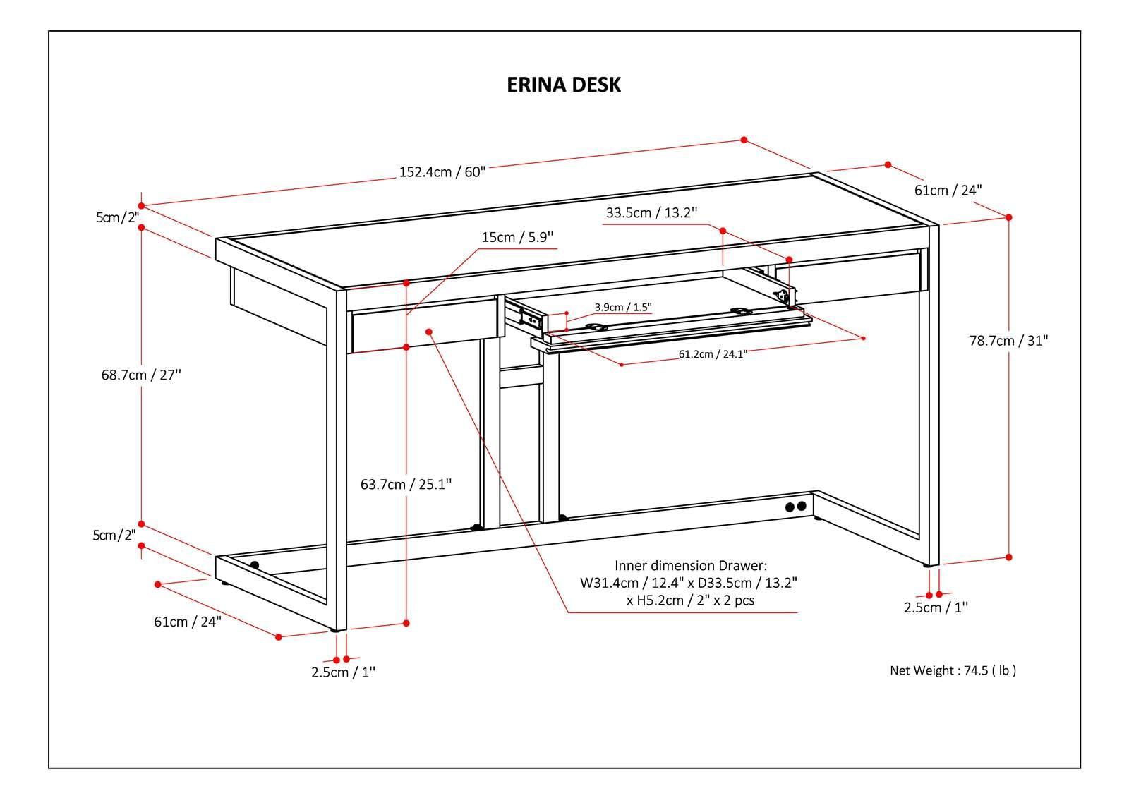 Simpli Home Erina 48"W Solid Acacia Wood Small Desk, Industrial Style with Keyboard Tray and 2 Drawers
