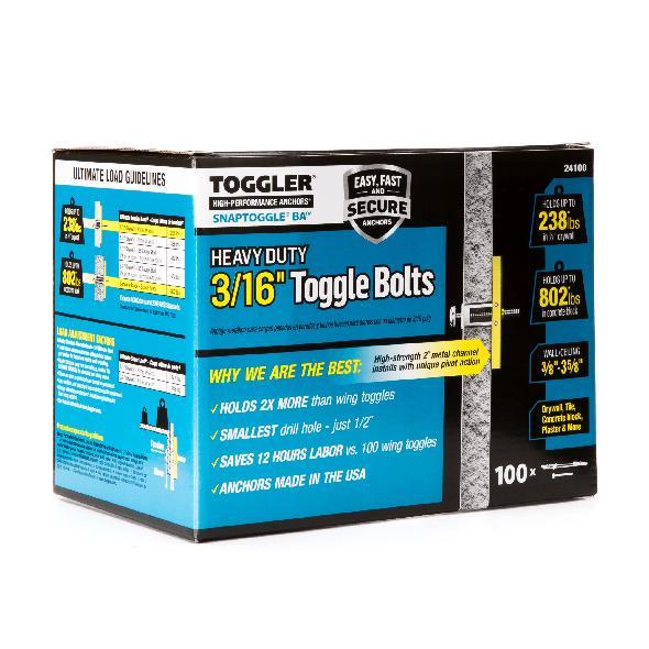 TOGGLER SNAPTOGGLE Heavy-Duty Drywall Toggle Bolt – 3/16"-24 UNC Zinc-Plated Anchor for Hollow Walls, Plaster & Tile – Holds 238 lbs in 1/2" Drywall, Easy Install – 100 Pack (W/Roundhead Bolts)