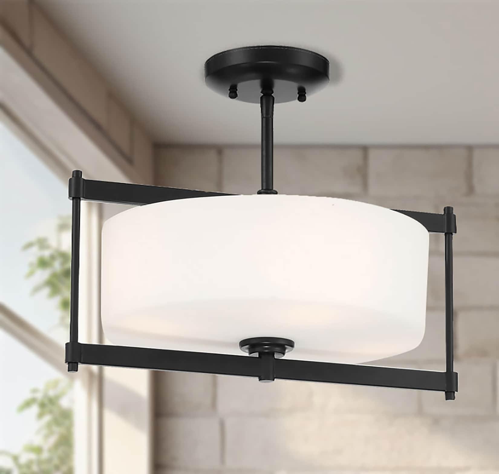 Minka Lavery Modern Ceiling Light Semi Flush Mount Fixture 16" Coal 4-Light Etched White Glass Drum Shade for Bedroom Living Room