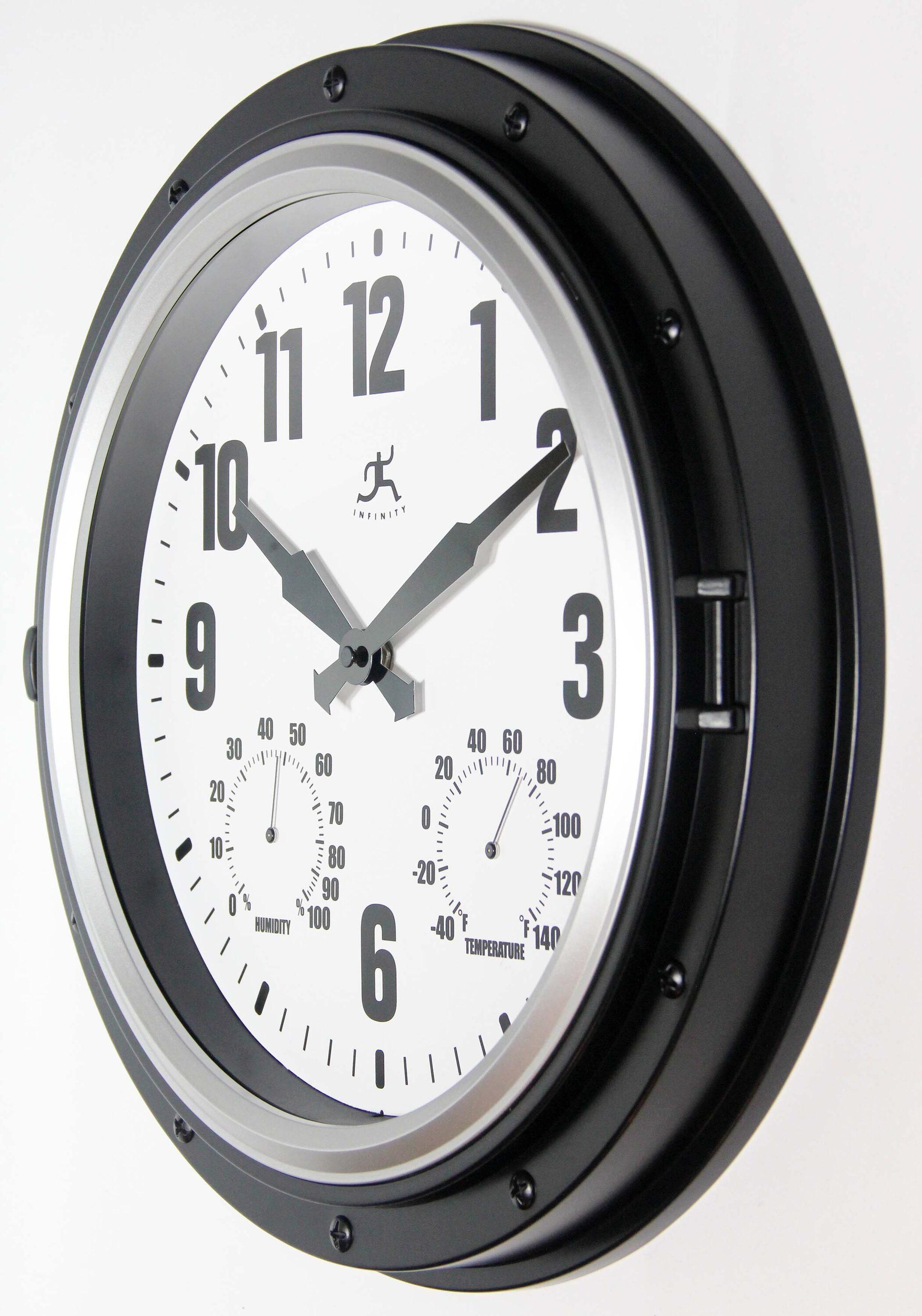 16" Forecaster Wall Clock Silver - Infinity Instruments: Modern Analog, Outdoor Use, Thermometer Feature