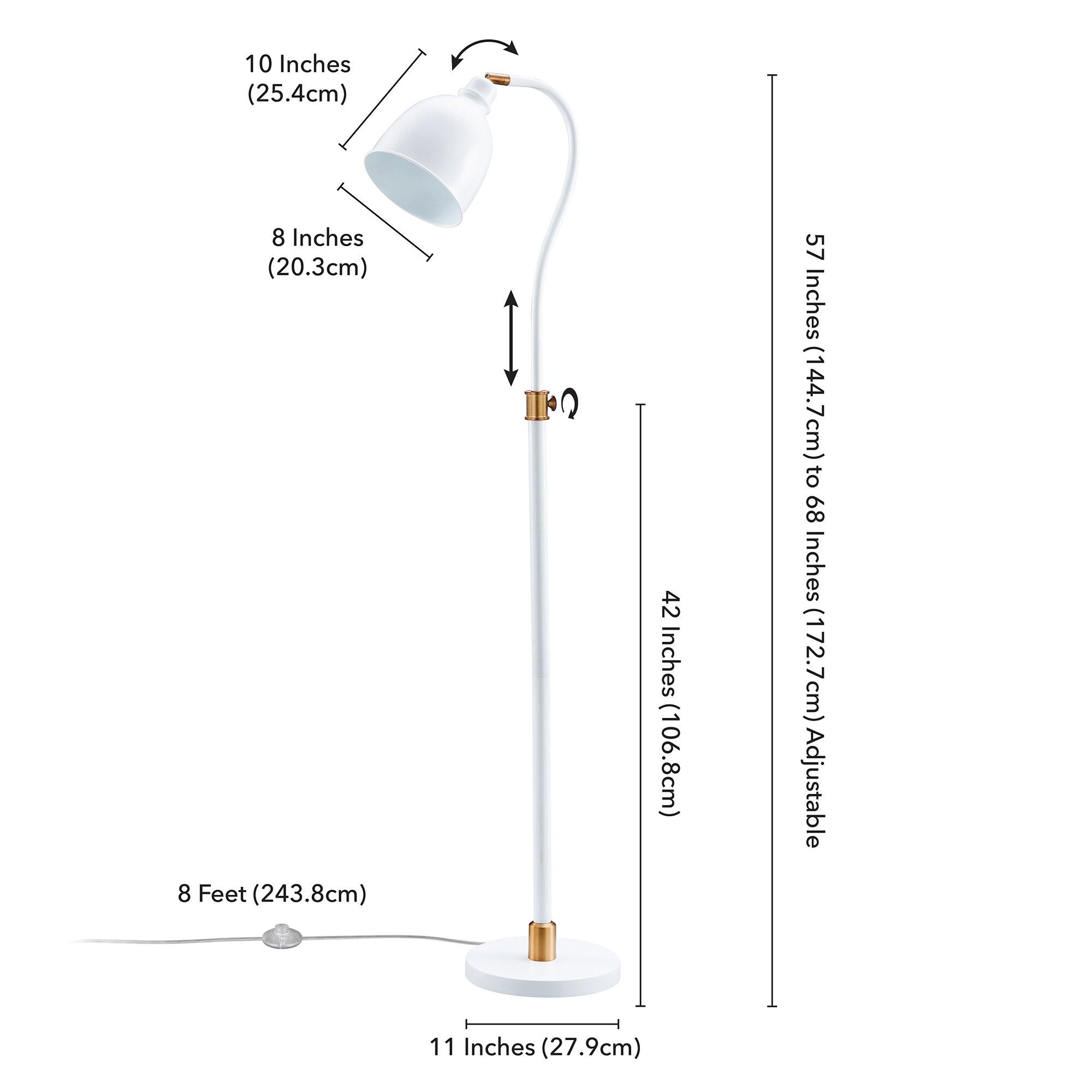 Evelyn&Zoe Vincent Adjustable/Arc Floor Lamp with Metal Shade, Matte White/Brass/Matte White
