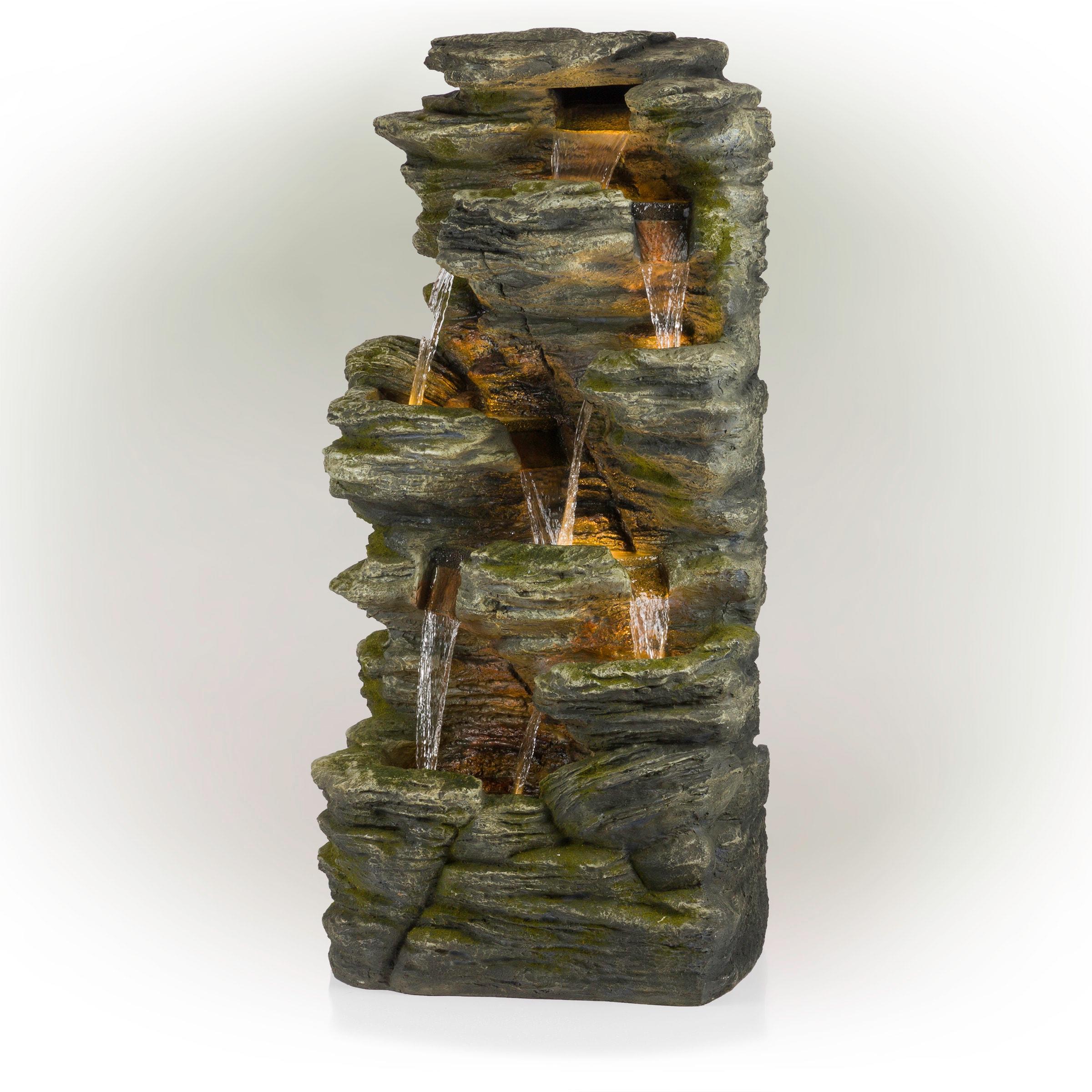 51" Resin Rock Cascading Fountain with LED Lights Gray - Alpine Corporation: Waterfall Feature, Birdbath