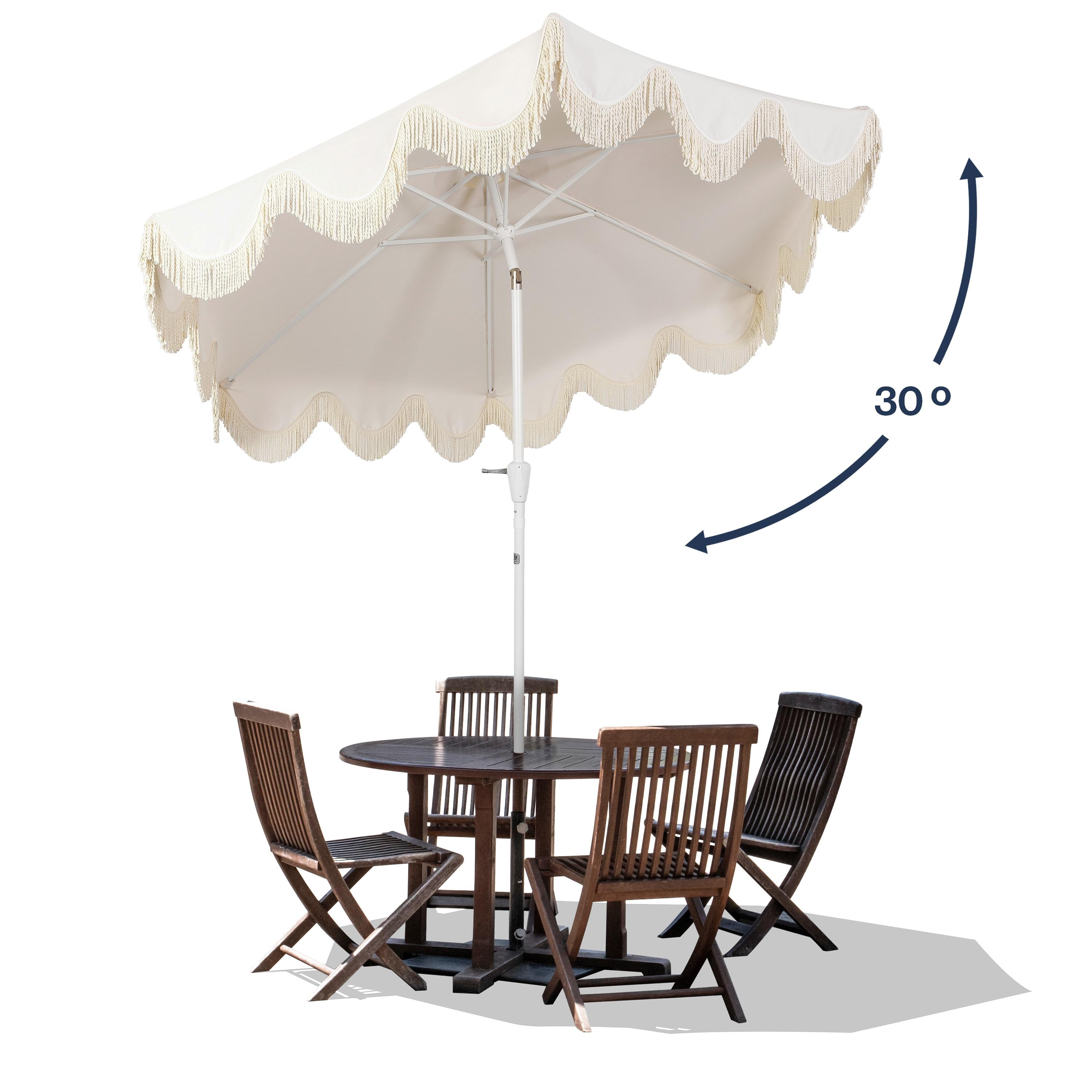 JONATHAN Y Collins 9 ft. Classic Cottage Tassel Market Patio Umbrella with Auto-Tilt, Crank, Wind Vent and UV Protection in Cream