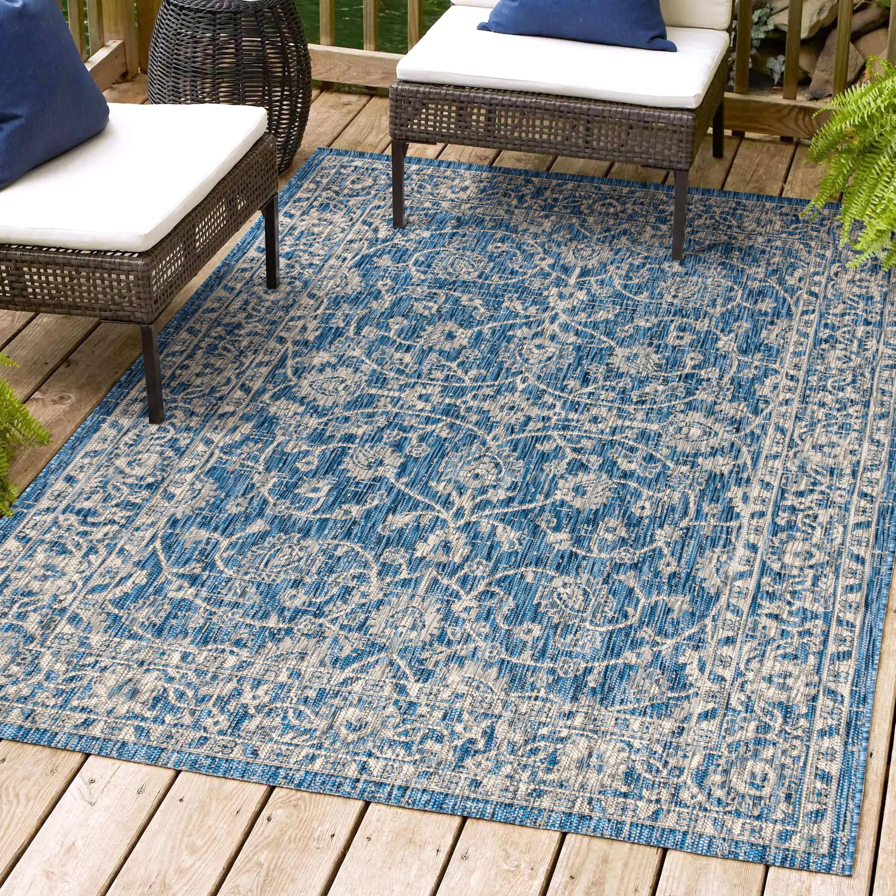 3'x5' Palazzo Vine and Border Textured Weave Indoor/Outdoor Area Rug, Navy/Gray - JONATHAN Y