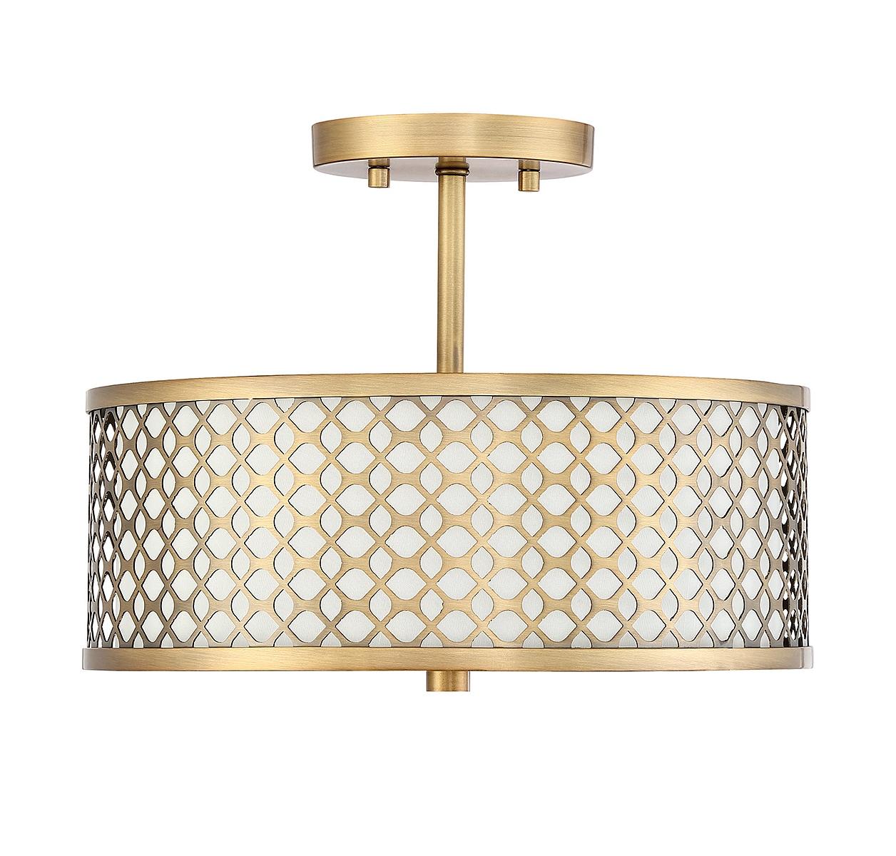 Meridian Elegance 2-Light Natural Brass Ceiling Light with Cream Fabric Shade