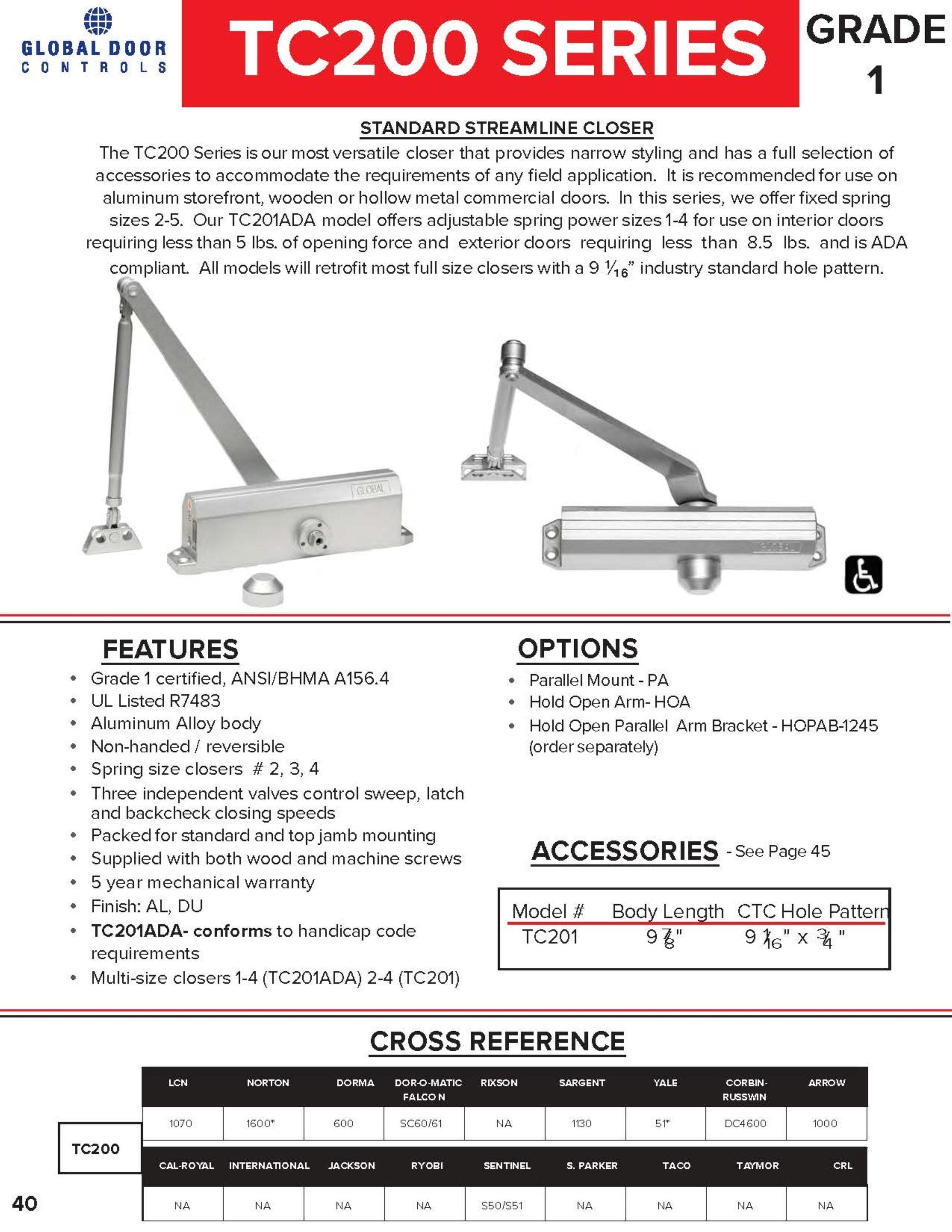 Global Door Controls TC200 Series ADA Closer with Back-Check Size 4 in Aluminum