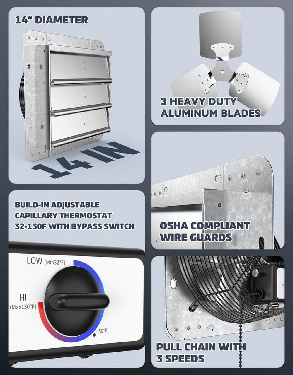 iLiving ILG8SF14V-T 14 Inch 3 Speed Attic Garage Growing Ventilation Exhaust Fan