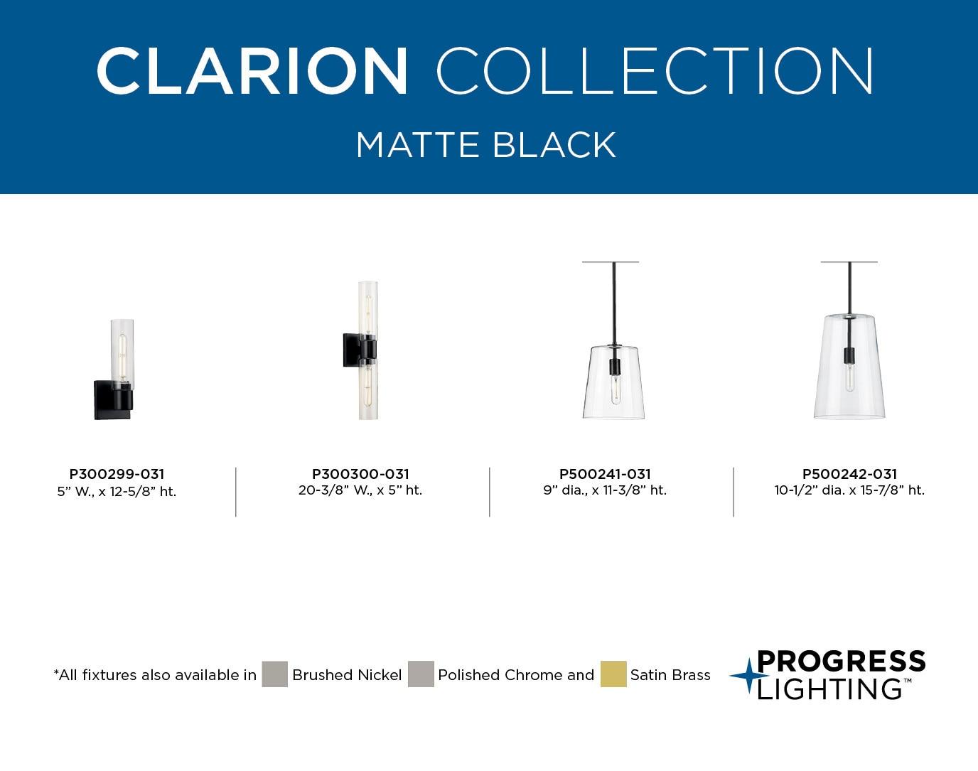 Progress Lighting, Clarion, 1-Light Pendant, Matte Black, Clear Glass Shade