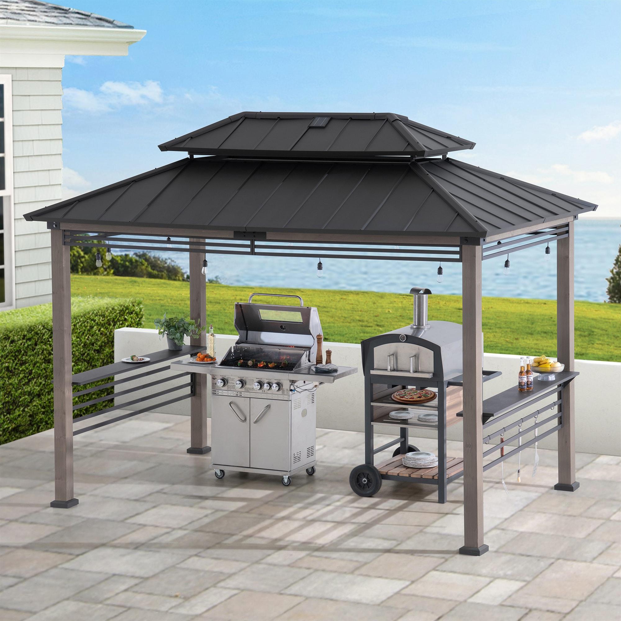 Sunjoy Sunjoy Wooden Grill Gazebo with Solar Power, 8 x 12 ft. Hardtop Gazebo for Year-Round Grilling, Outdoor Cedar Frame Cooking Shelter with Decorative Fence for Backyard BBQs Party