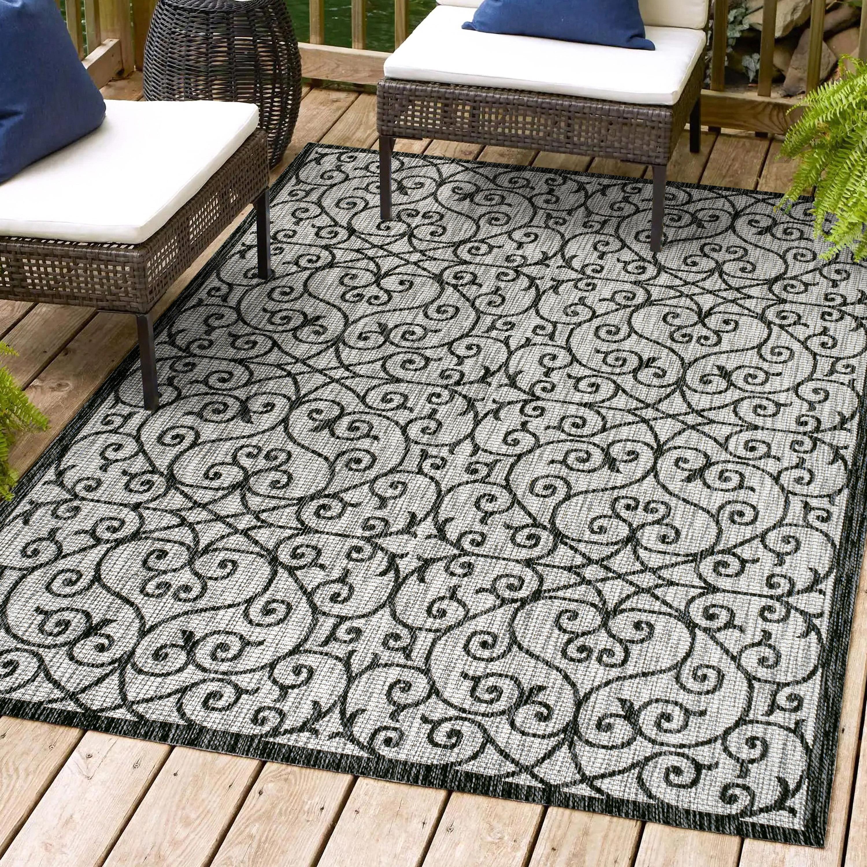 8' x 10' Madrid Vintage Filigree Textured Weave Indoor/Outdoor Area Rug, Light Gray/Black - JONATHAN Y