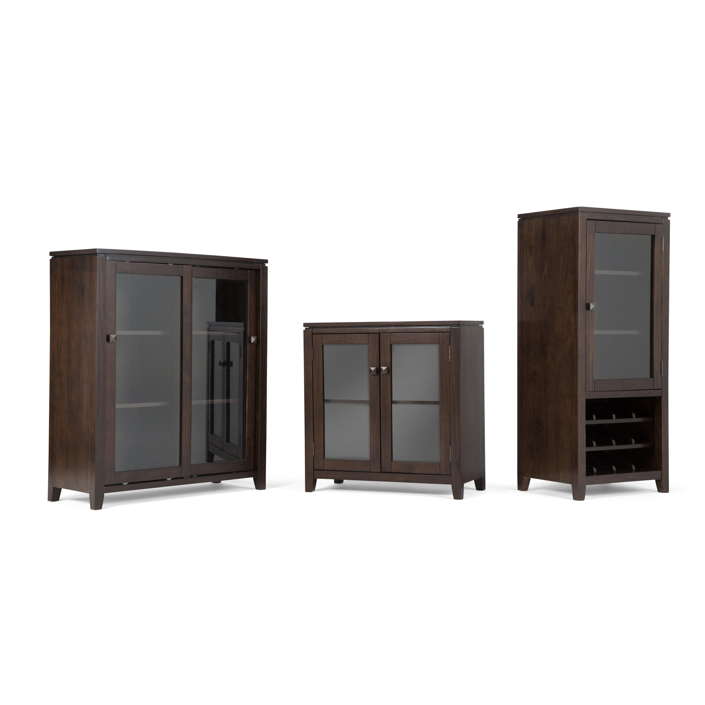 Simpli Home Cosmopolitan 36"W Solid Wood 4-Shelf Contemporary Medium Storage Cabinet with Sliding Glass Doors