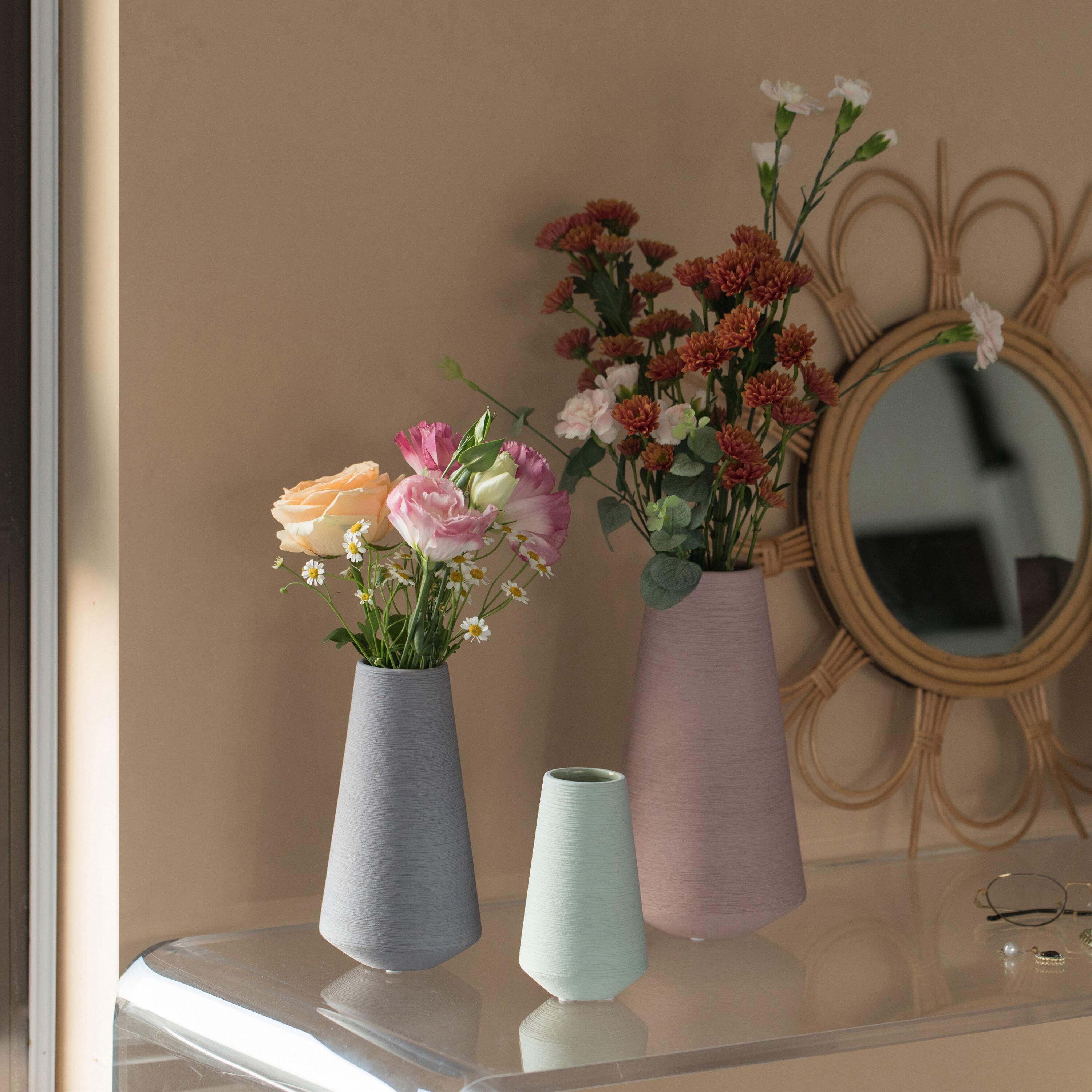 Uniquewise Decorative Ceramic Round Cone Shape Centerpiece Table Vase Set of 3, Pink Large, Gray Medium, and Green Small