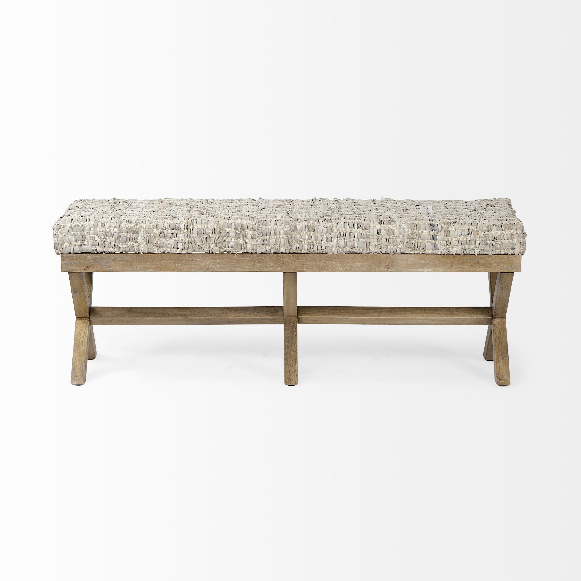 Solis II Light Brown Mango Wood and Beige Woven Leather Accent Bench