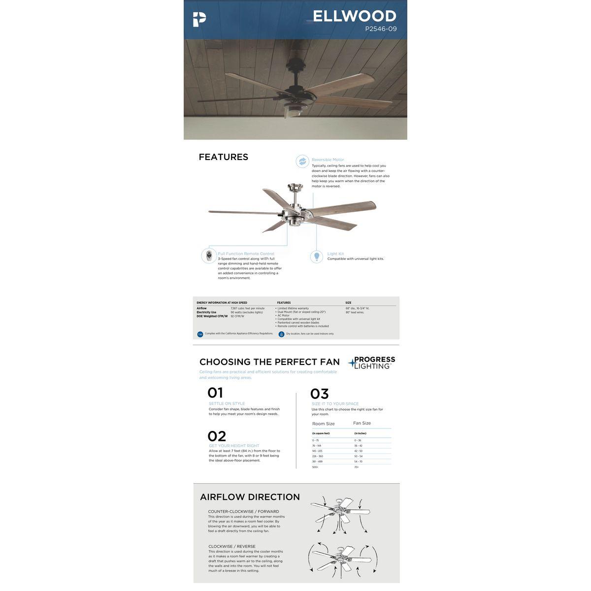 P2546-09-Progress Lighting-Ellwood - Wide - Ceiling Fan - Handheld Remote in Transitional and Coastal style - 68 Inches wide by 15.75 Inches