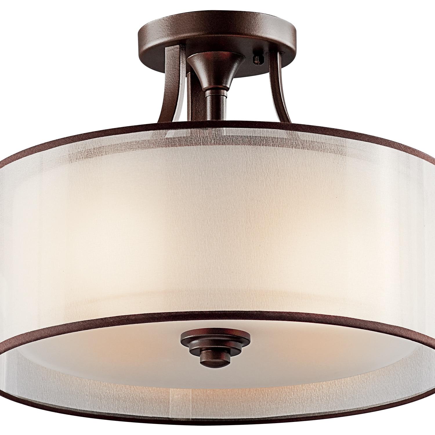 Lacey 15" 3 Light Semi Flush with Satin Etched Cased Opal Inner Diffusers and White Translucent Organza Outer Shade in Antique Pewter