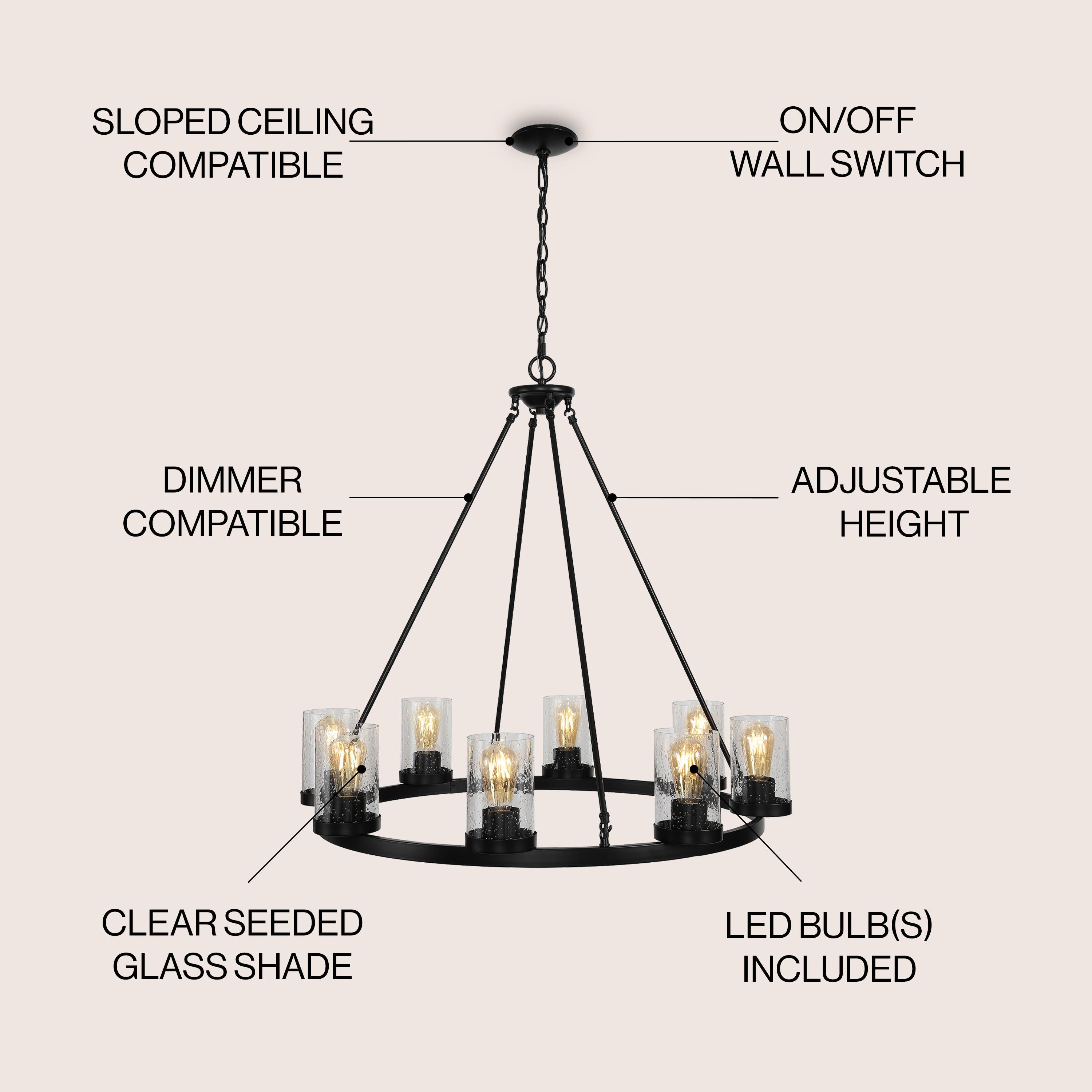 JONATHAN Y JYL7554A Coronet 33.5" 8-Light Iron/Seeded Glass Rustic Farmhouse Round LED Chandelier, Industrial, Vintage for living room, dinning room, bedroom Bulb Included, Oil Rubbed Bronze
