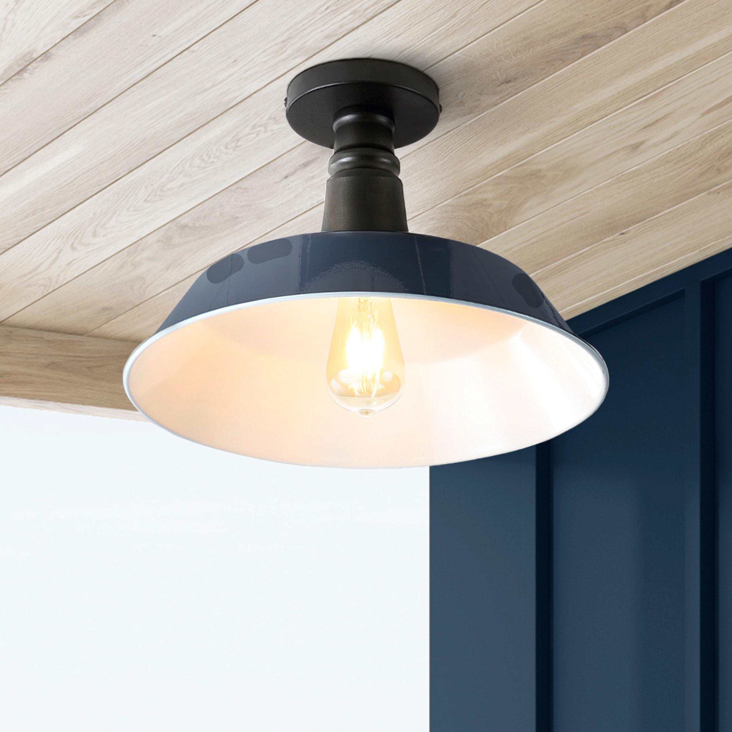 JONATHAN Y JYL7617C Camila 14" 1-Light Classic Industrial Indoor/Outdoor Iron LED Semi Flush Mount Mid-Century, Rustic 2700K Cozy Warm Light Kitchen Hallway Bathroom Stairwell, Navy/White