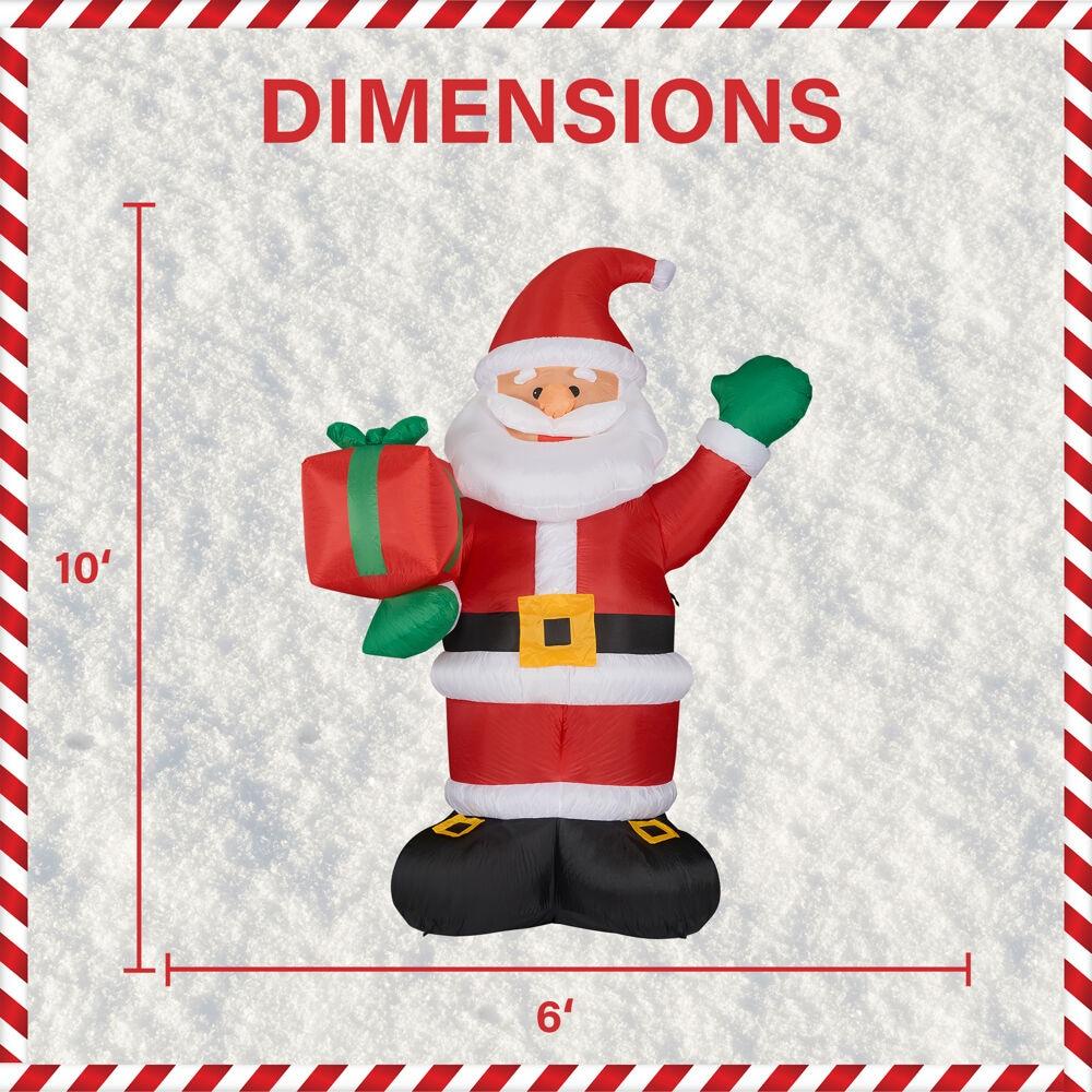 Fraser Hill Farm 10-Ft. Tall Pre-Lit Christmas Inflatable | Santa Claus Holding Gift with Lights and Storage Bag | Outdoor Holiday Blow-Up Festive Celebration Party Decor | FHFSANTA102-L