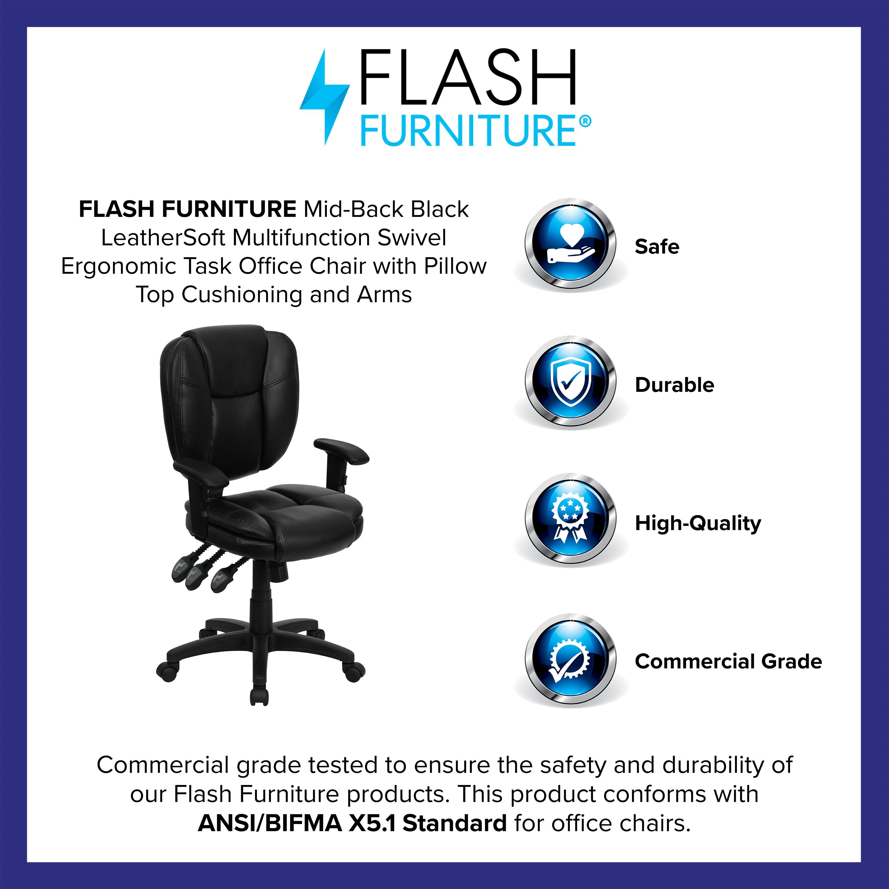 Flash Furniture Mid-Back Black LeatherSoft Multifunction Swivel Ergonomic Task Office Chair with Pillow Top Cushioning and Arms