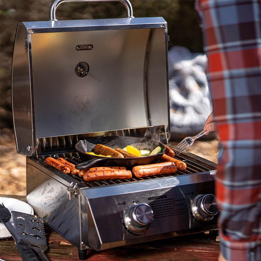 Monument Grills 13742 Tabletop Propane Gas Grill Stainless for Portable Camping Cooking with Travel Locks, High Lid