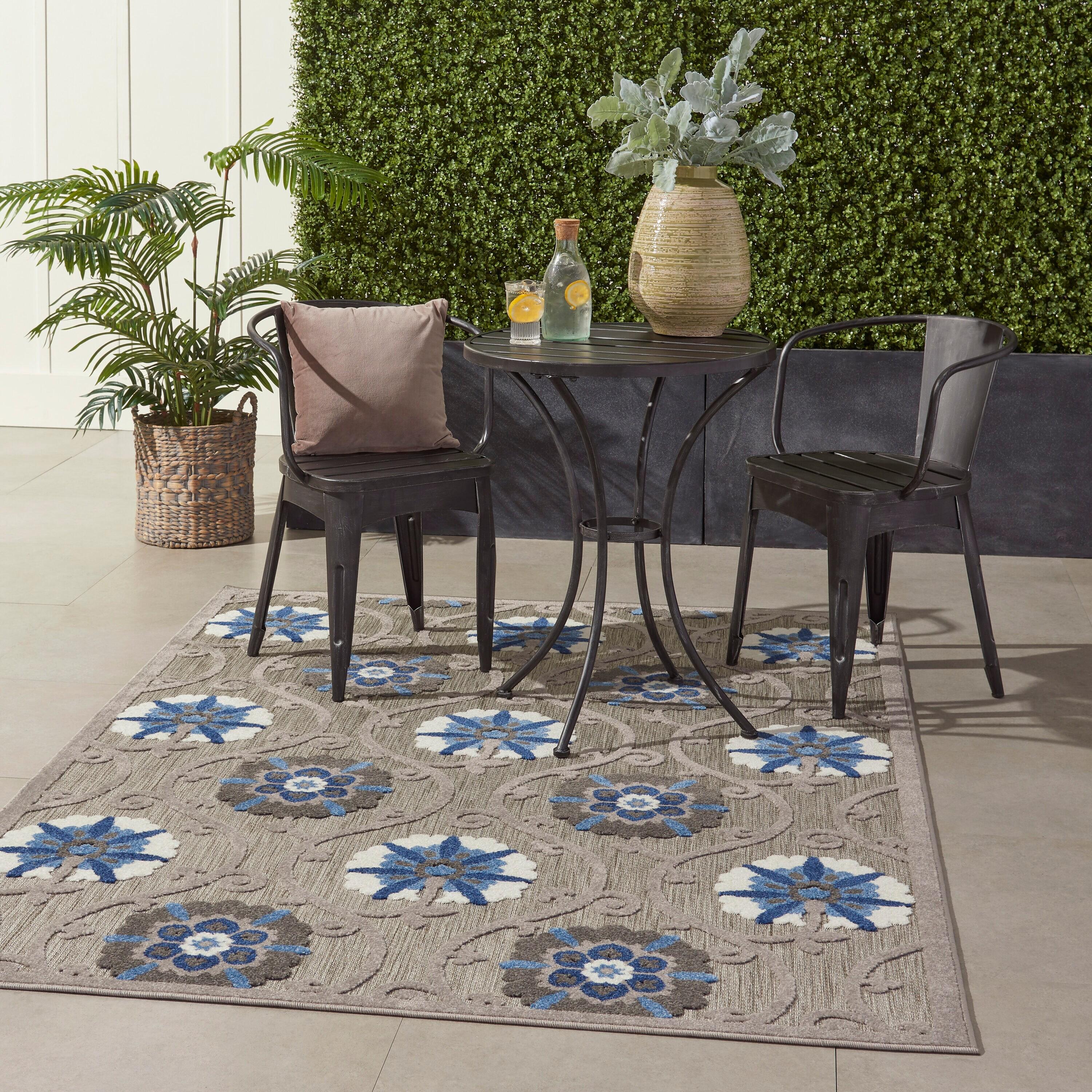 Nourison Aloha Contemporary Floral Flatweave High-Low Indoor Outdoor Area Rug Grey/Blue 3'6" x 5'6"