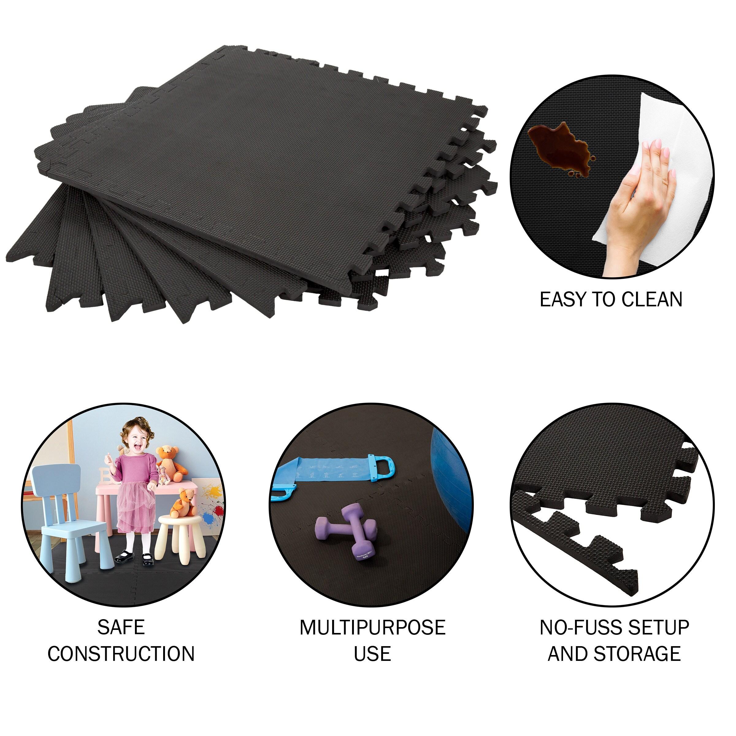 EVA Foam Mat Tiles 24-Pack - 96 SQ FT of Interlocking Padding for Garage, Playroom, or Gym Flooring - Exercise Mat or Baby Playmat by Stalwart (Black)