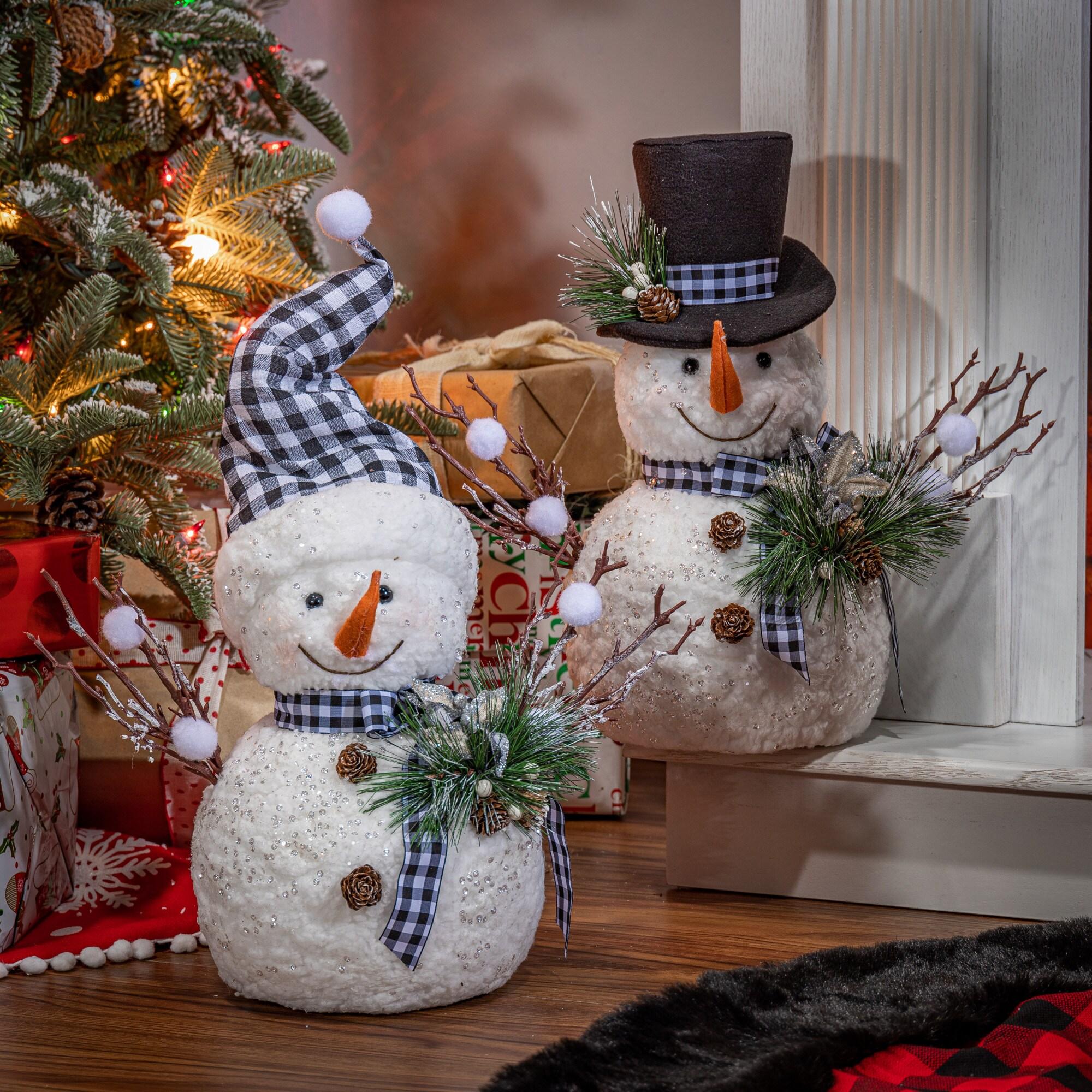 Set of 2 Winter Snowman Figurines with Pine & Fabric Bow