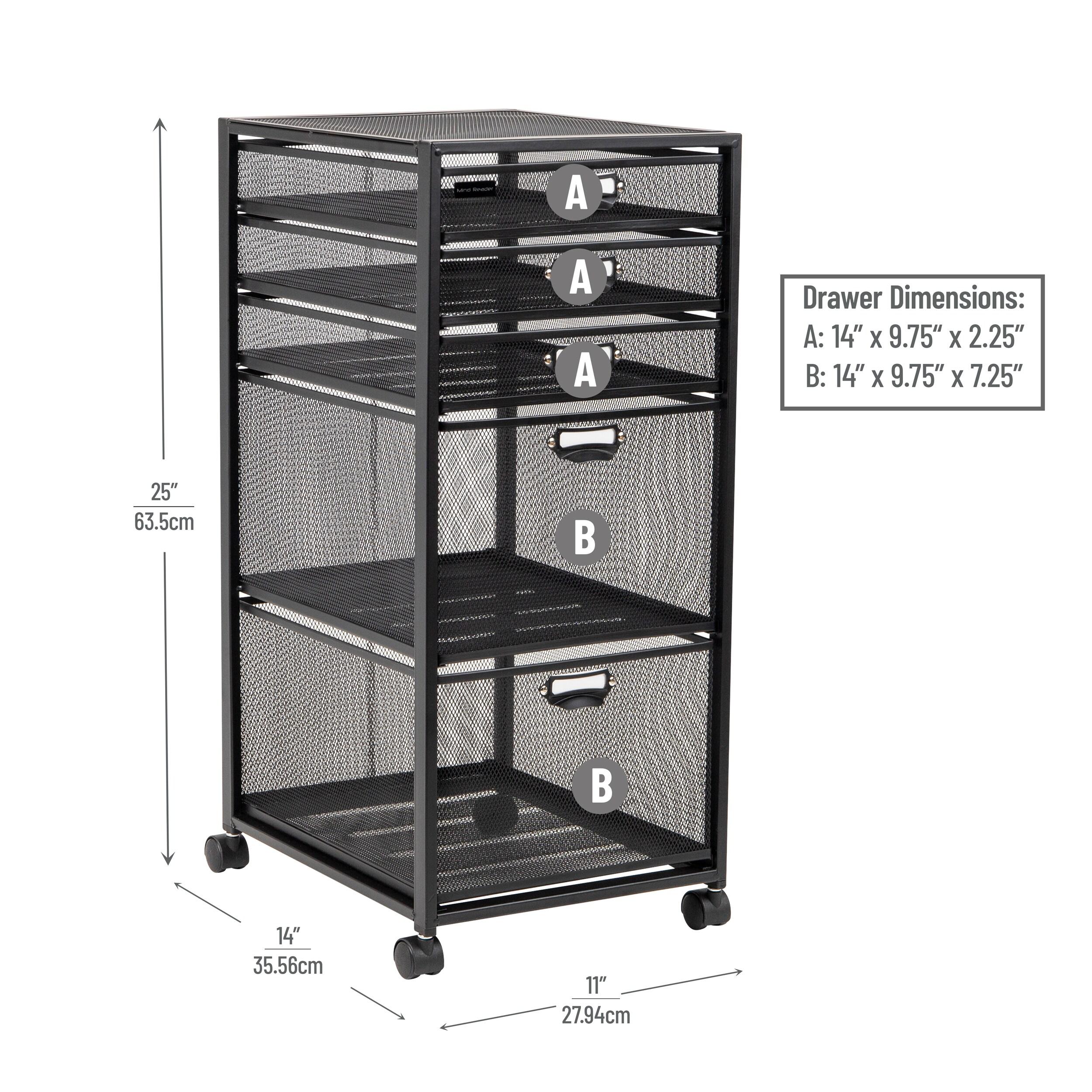 Mind Reader Cart with Drawers, Office Organizer, Utility Cart, Bathroom, Kitchen, Metal Mesh, 11"L x 14"W x 25"H