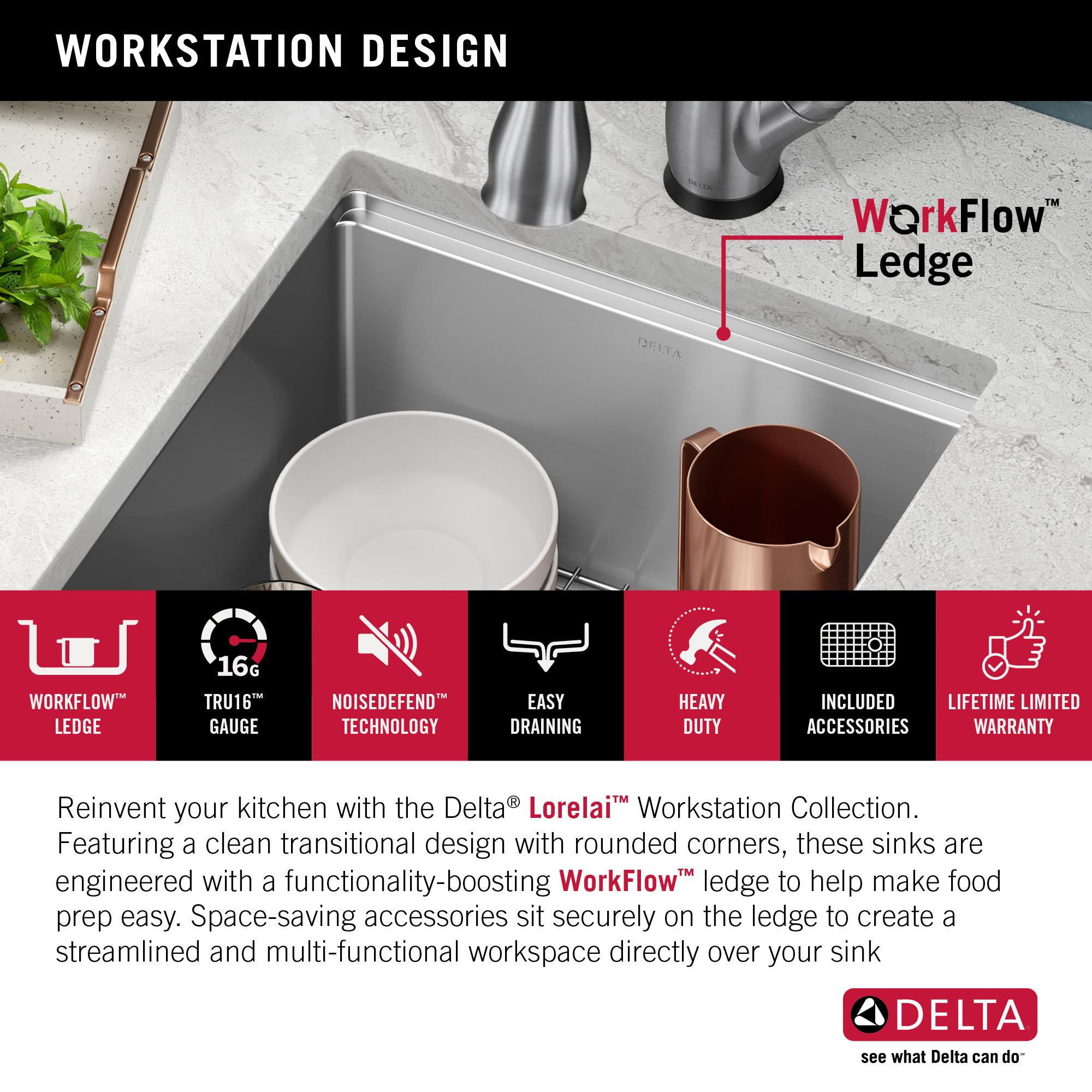 Delta Lorelai™ 17" L Workstation Bar Prep Kitchen Sink Undermount 16 Gauge Stainless Steel Single Bowl