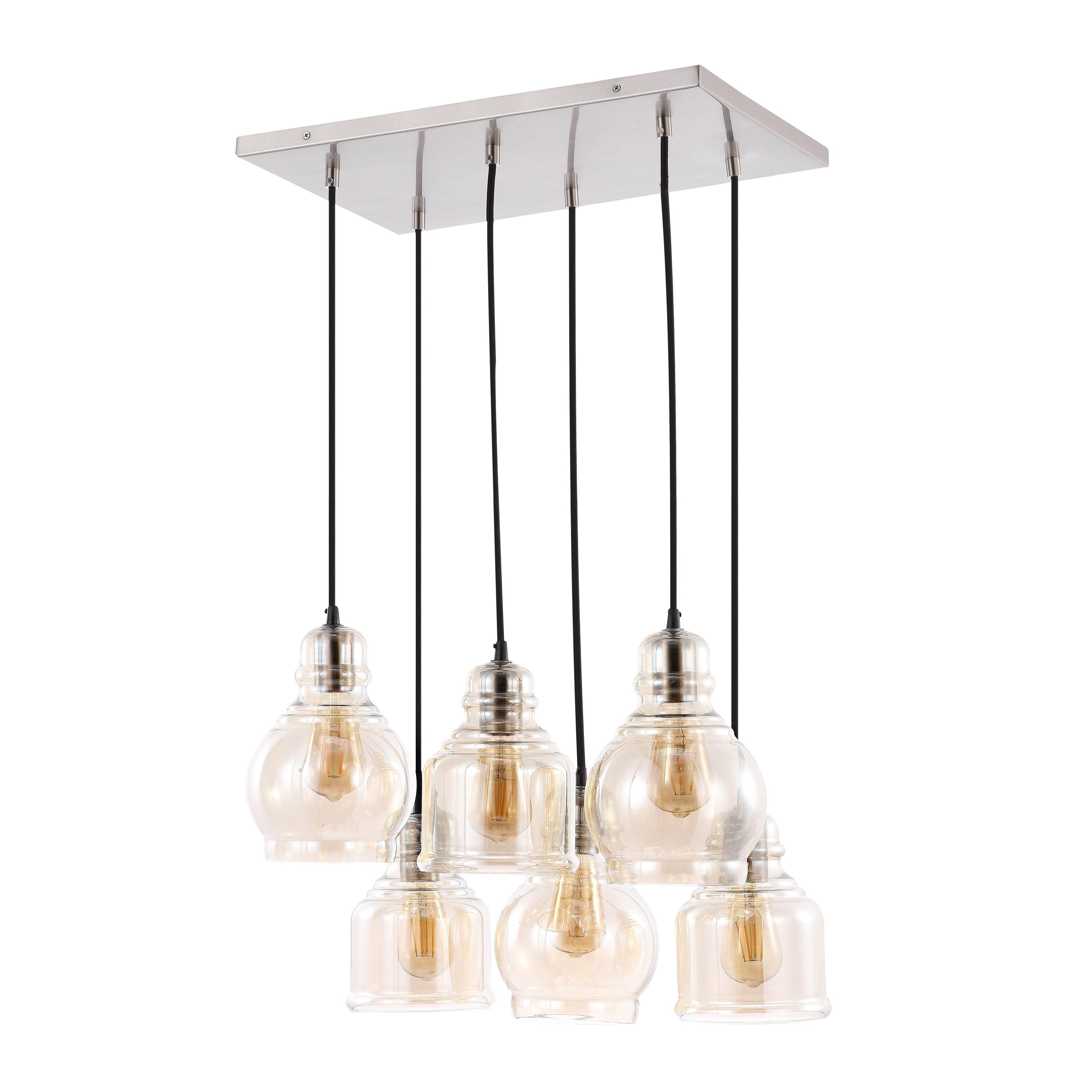 Sydney 18.88" 6-Light Bohemian Farmhouse Iron/Glass Cluster LED Pendant, Nickel/Champagne