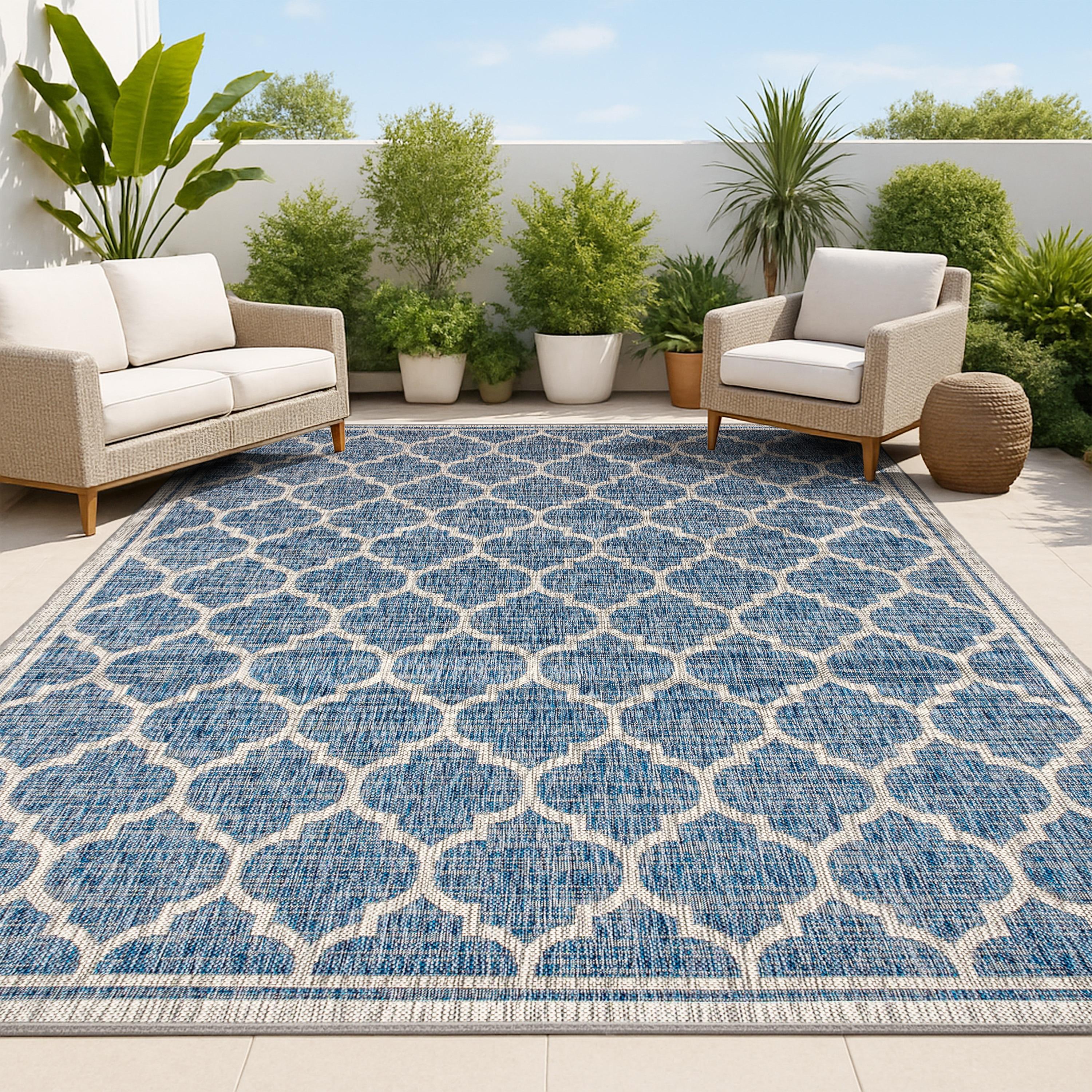 8'x10' Trebol Moroccan Trellis Textured Weave Indoor/Outdoor Area Rug, Navy/Gray - JONATHAN Y