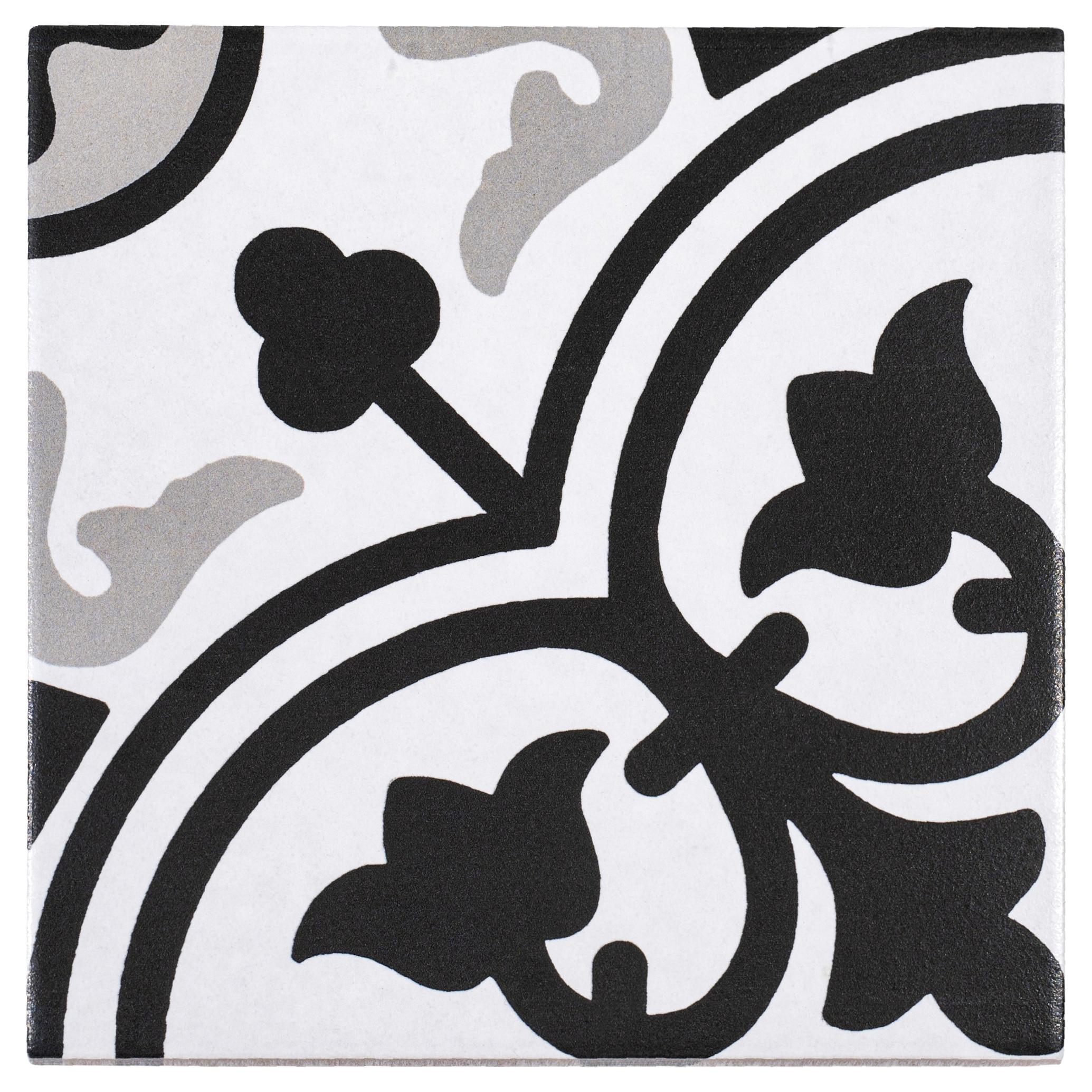 Bliss Gothic Black 8-in. Encaustic Spanish/Moroccan Patterned Matte Porcelain Wall & Floor Tile