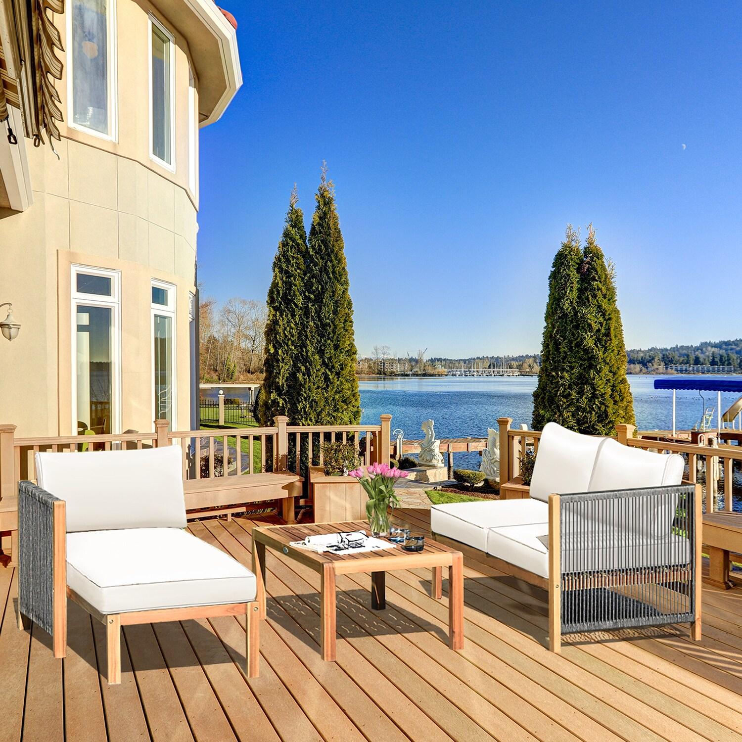 Topcobe 3 Piece Patio Acacia Sofa Set with Nylon Armrest, Outdoor Furniture, White