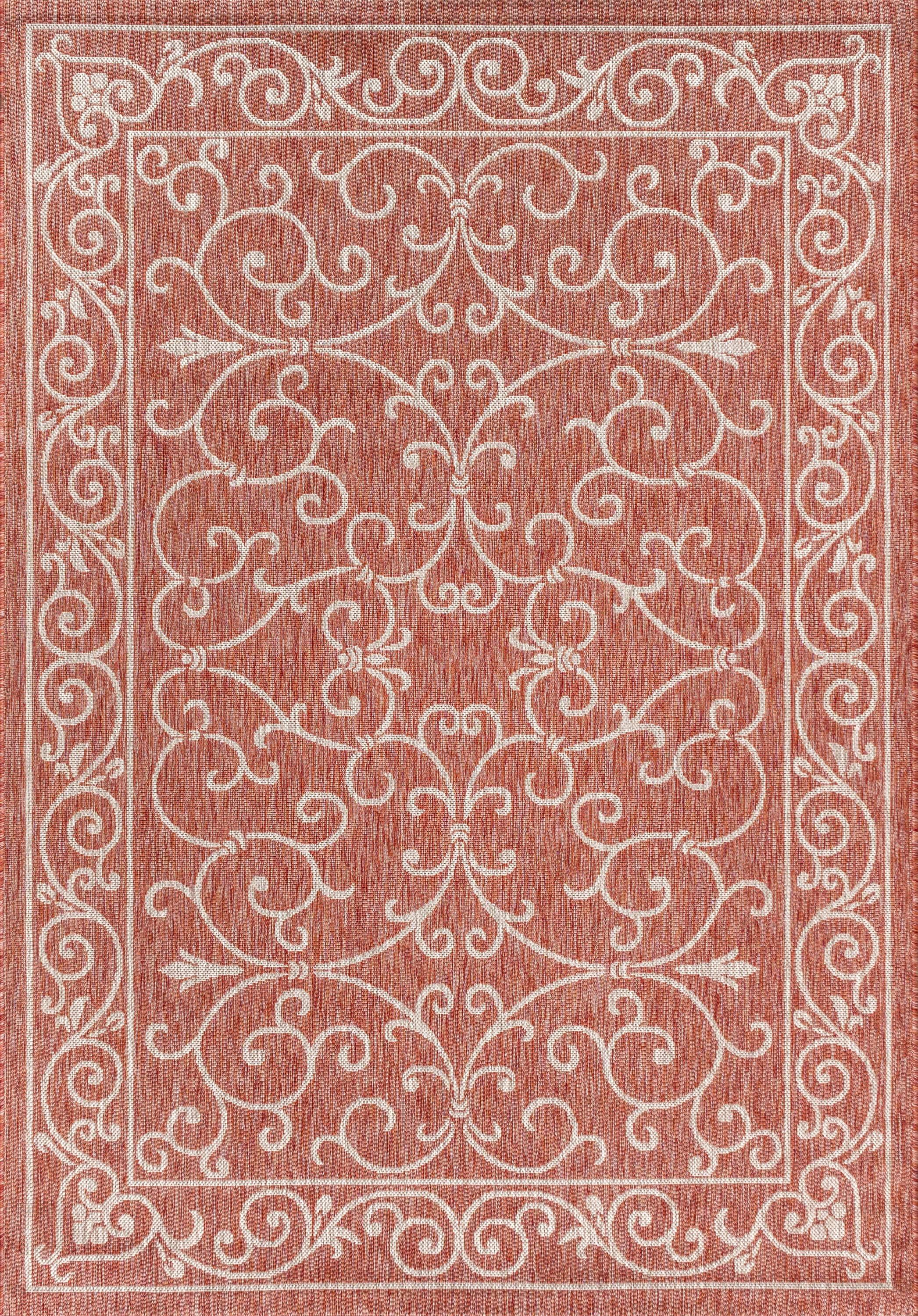 4'x6' Charleston Vintage Filigree Textured Weave Indoor/Outdoor Area Rug, Red/Beige - JONATHAN Y