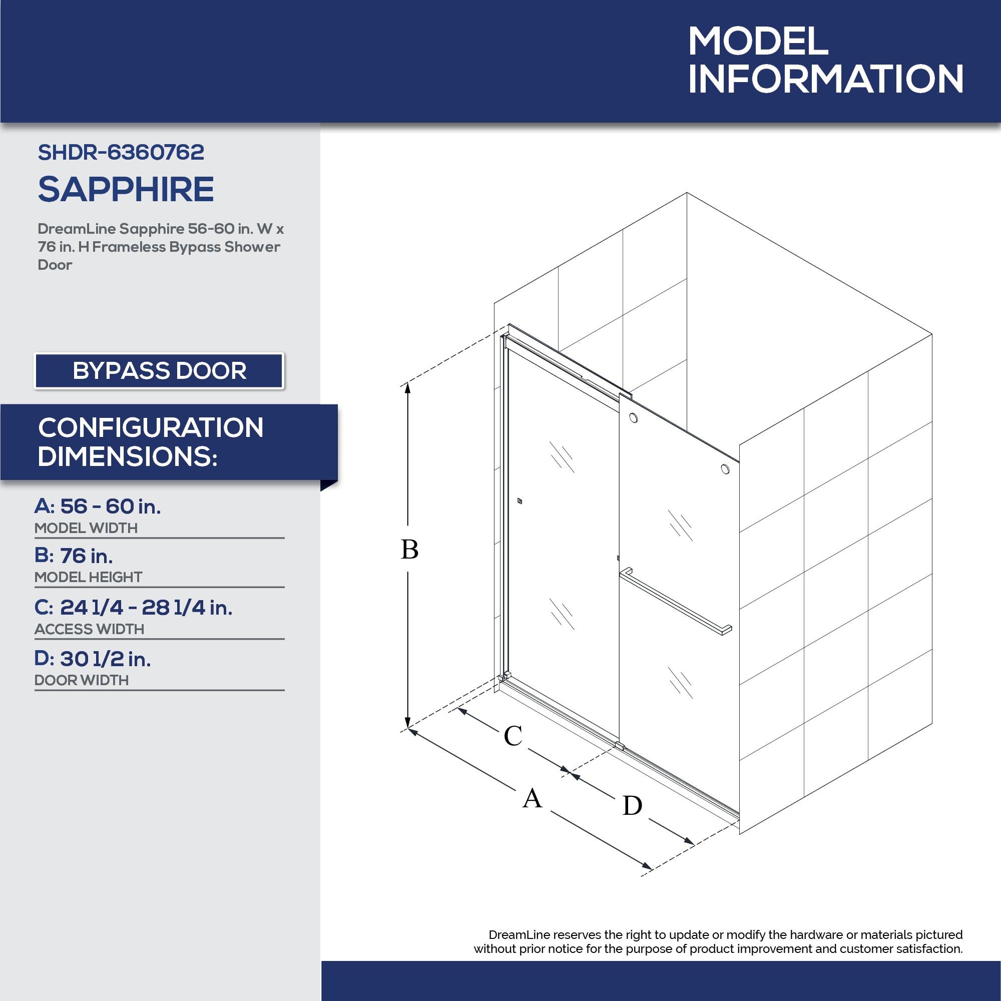 Sapphire 56" W x 76" H Frameless Shower Door