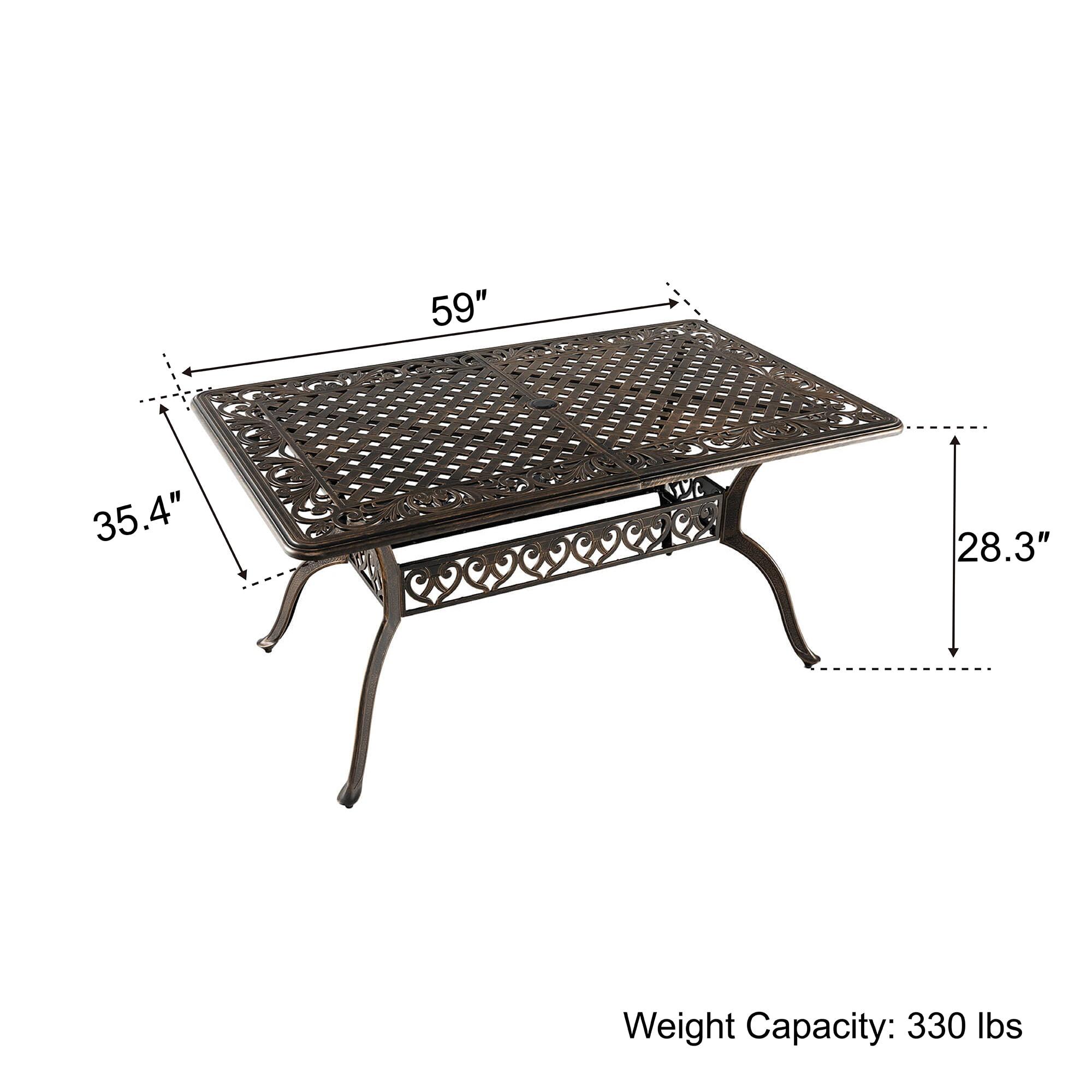 Outvita 59inch Patio Dinning Table, Outdoor Cast Aluminum Large Rectangle Table with Umbrella Hole and Antique Design for Backyard Pool Balcony Deck