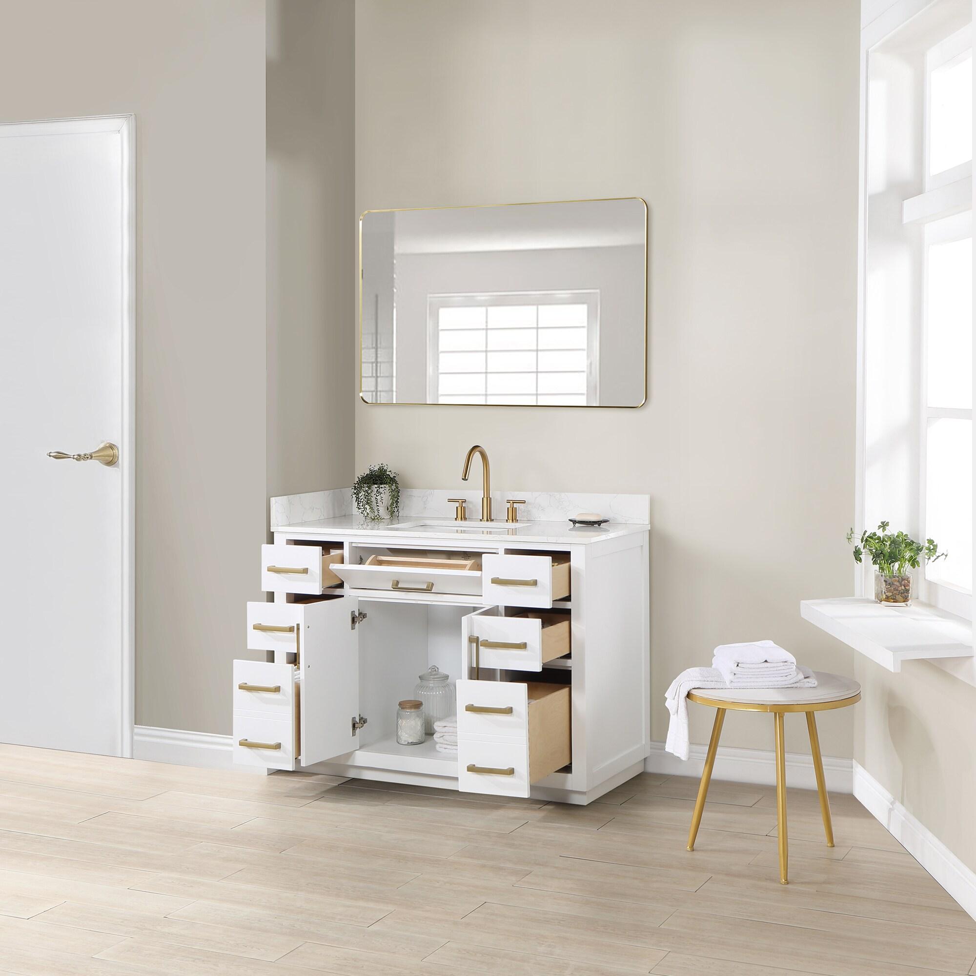 Gavino 48" Wood Vanity in White with Grain White Composite Stone Top and Mirror