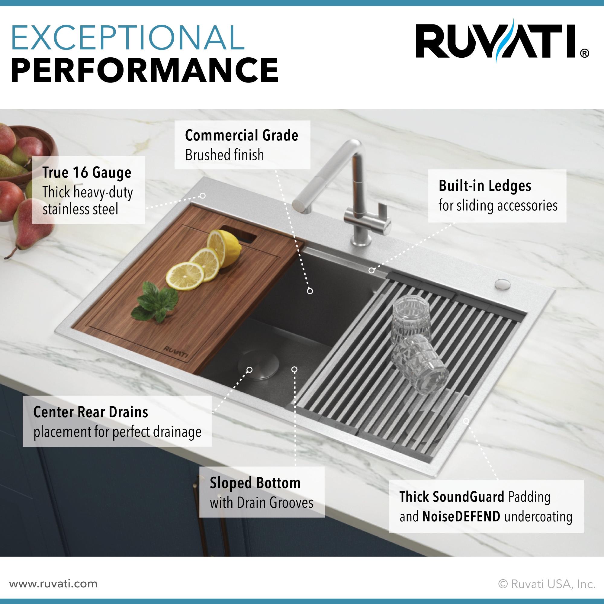 Ruvati 33 x 22 inch Workstation 60/40 Topmount Rounded Corners Stainless Steel Kitchen Sink